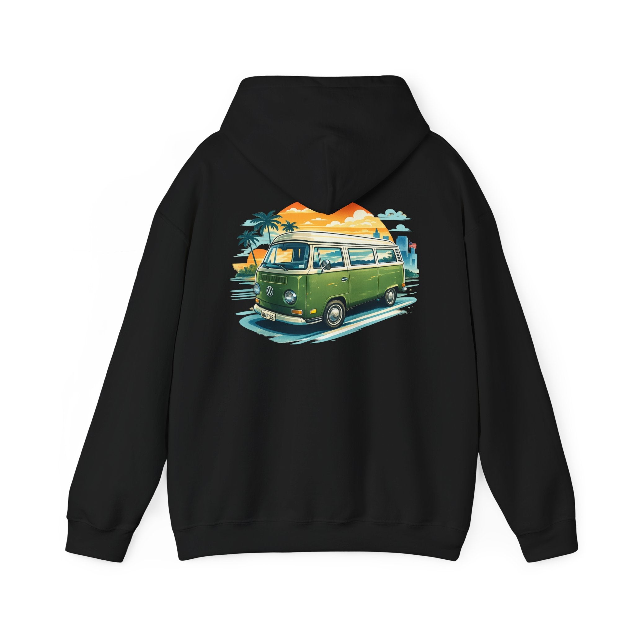 Vintage Green VW Camper Hoodie — Retro Surf Van Sunset Pullover