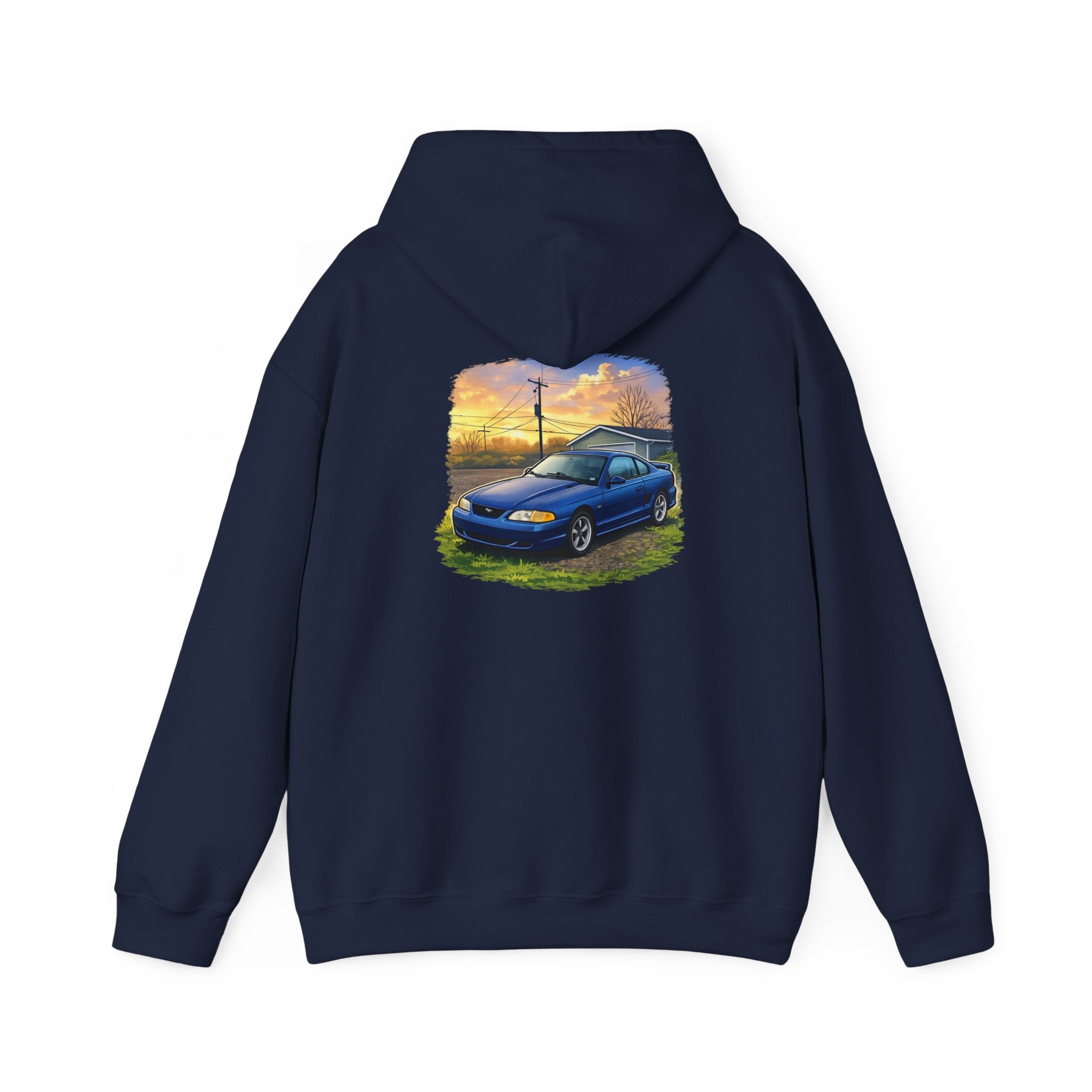 Car Sunset Hoodie – Vintage Blue Mustang Scenic Graphic Sweatshirt