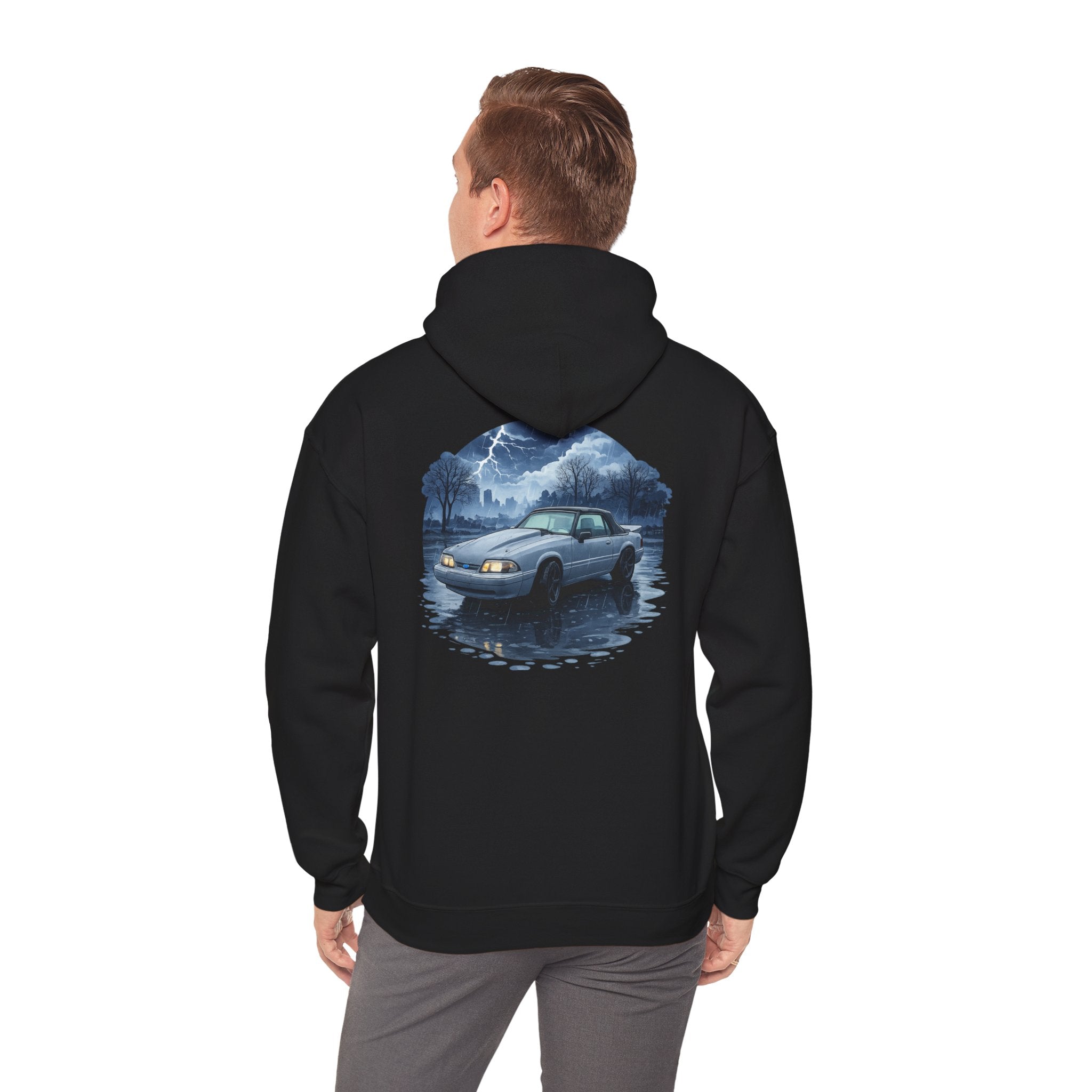 Hoodie - Retro Night Drive Mustang Hoodie (Vintage Car, Moonlit Lakeside Scene)