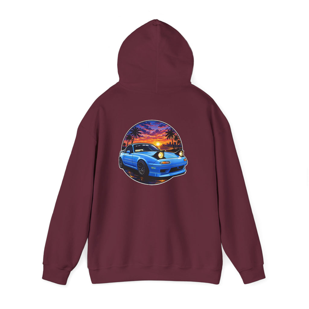 Sunset Skyline Miata Hoodie – Retro Blue Sports Car Graphic Sweatshirt