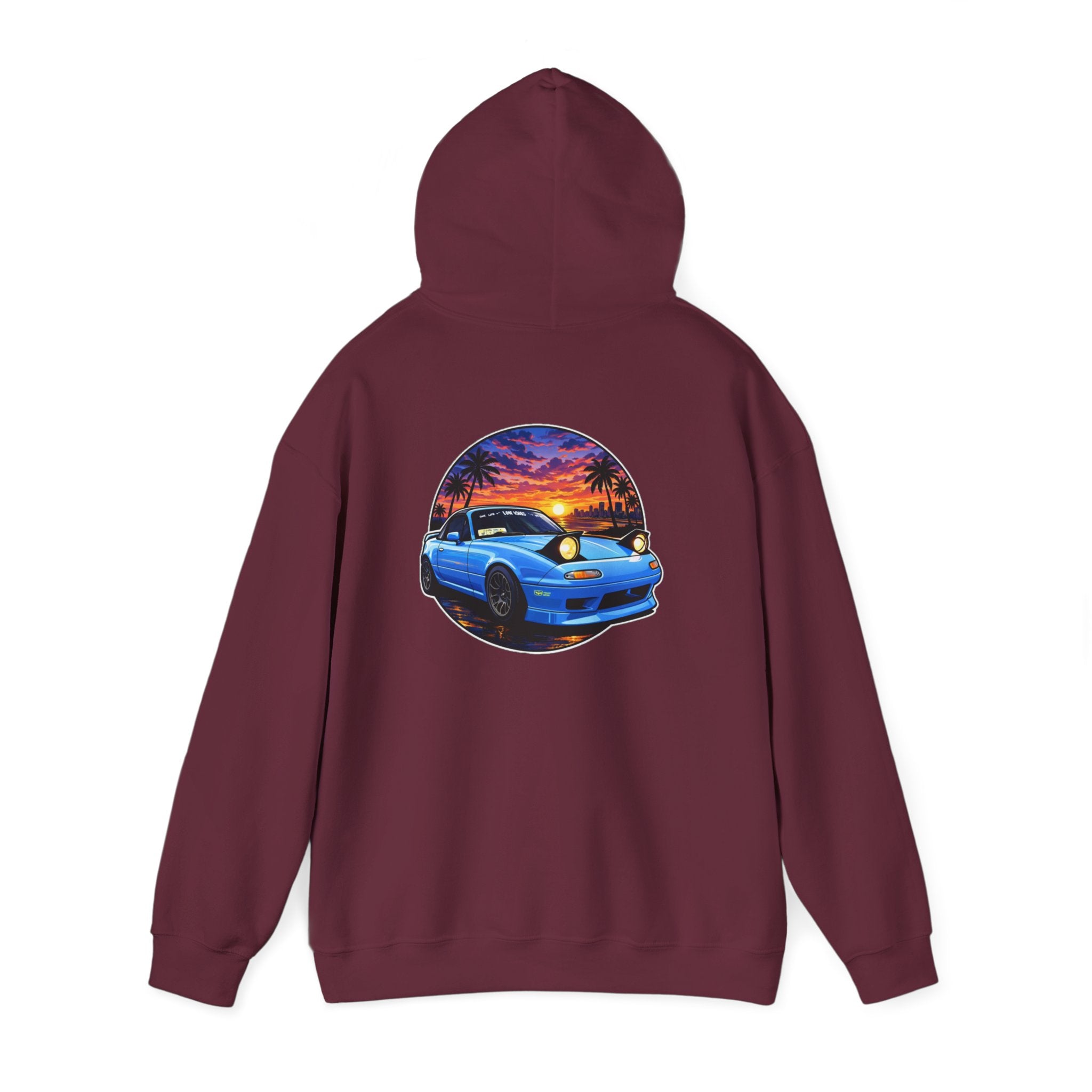 Sunset Skyline Miata Hoodie – Retro Blue Sports Car Graphic Sweatshirt