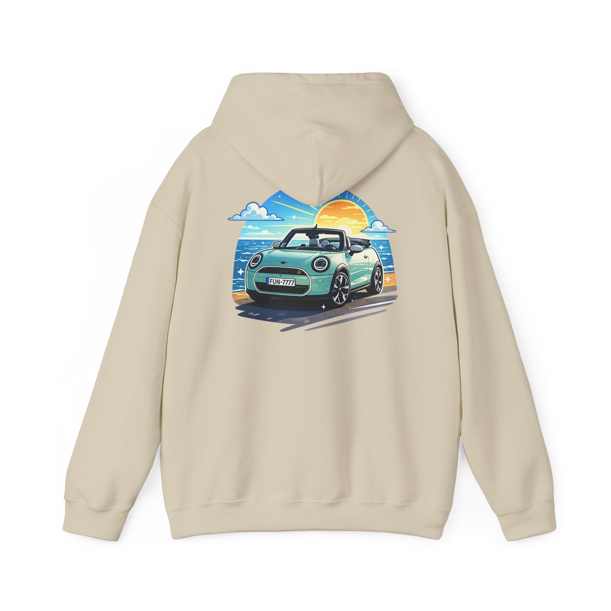 Mini Cooper Beach Sunset Hoodie — Retro Car Graphic Sweatshirt
