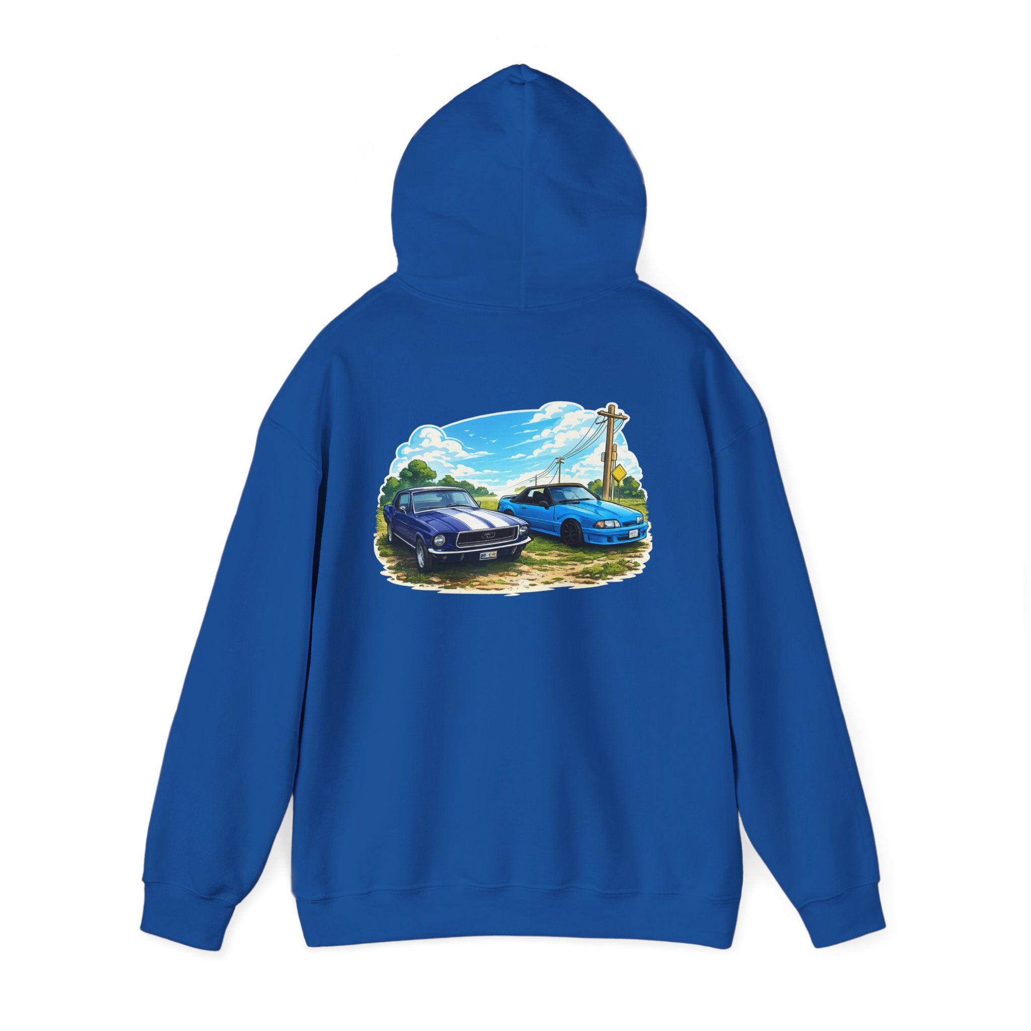Classic Car Scene Hoodie — Vintage Two Muscle Cars Back Print