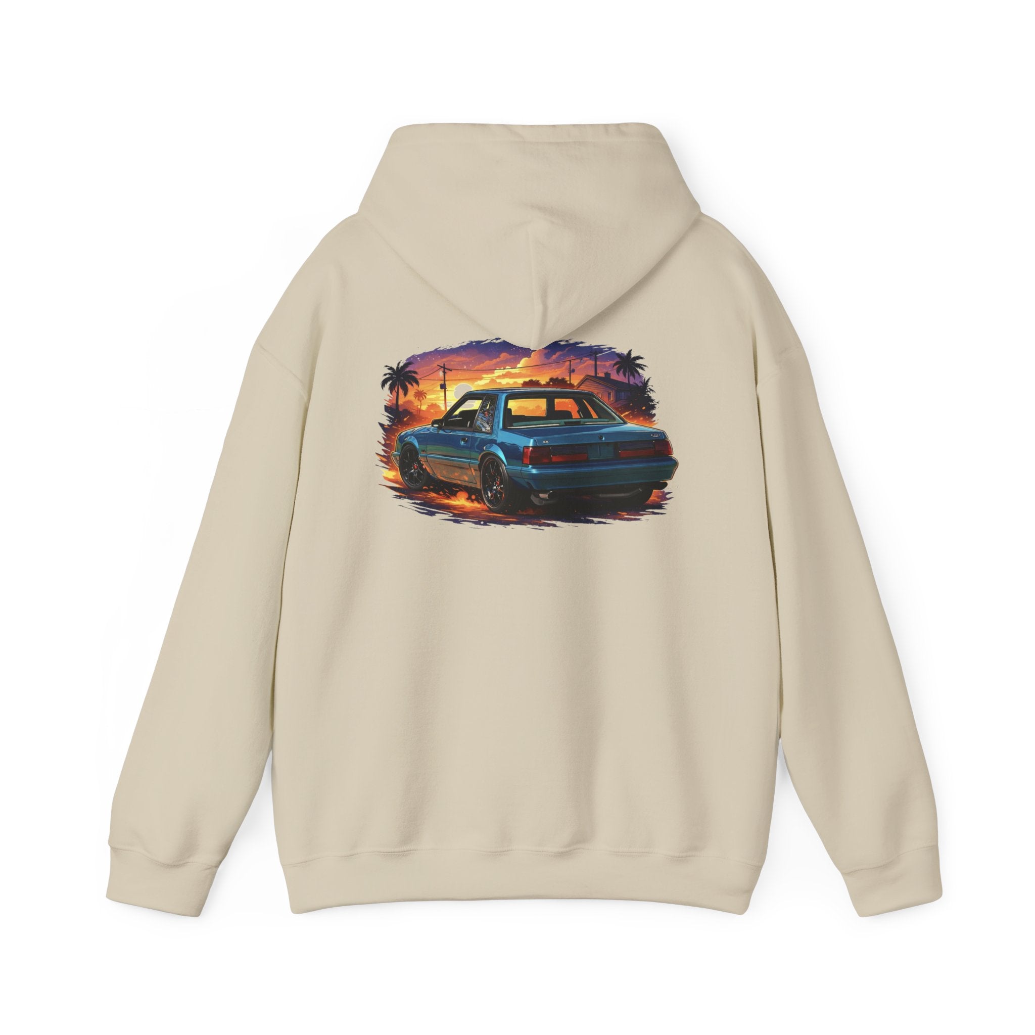 Vintage Mustang Car Hoodie — Sunset Palm Beach Classic Cruiser Sweatshirt