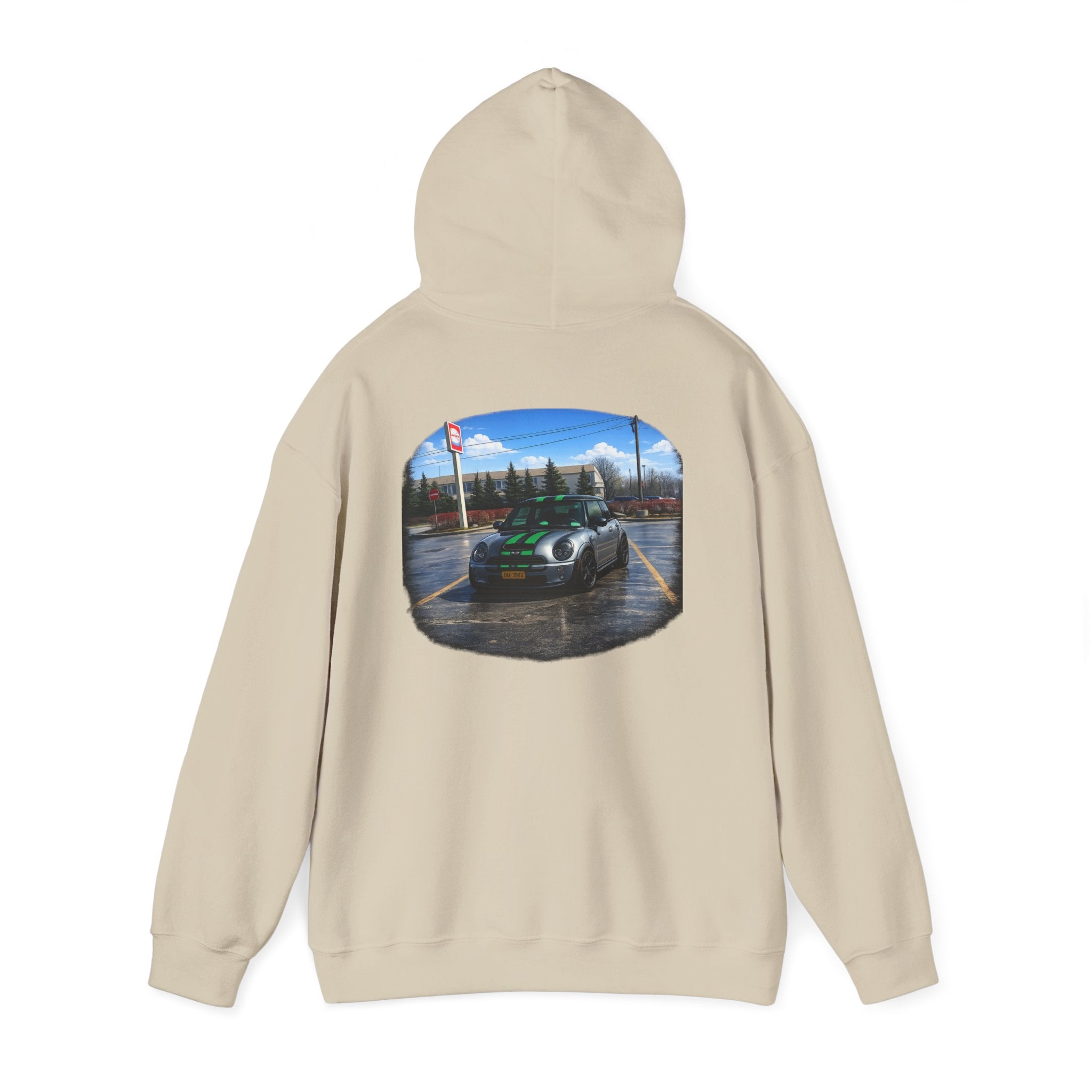 Car Enthusiast Hoodie — Mini Cooper Rainy Parking Print