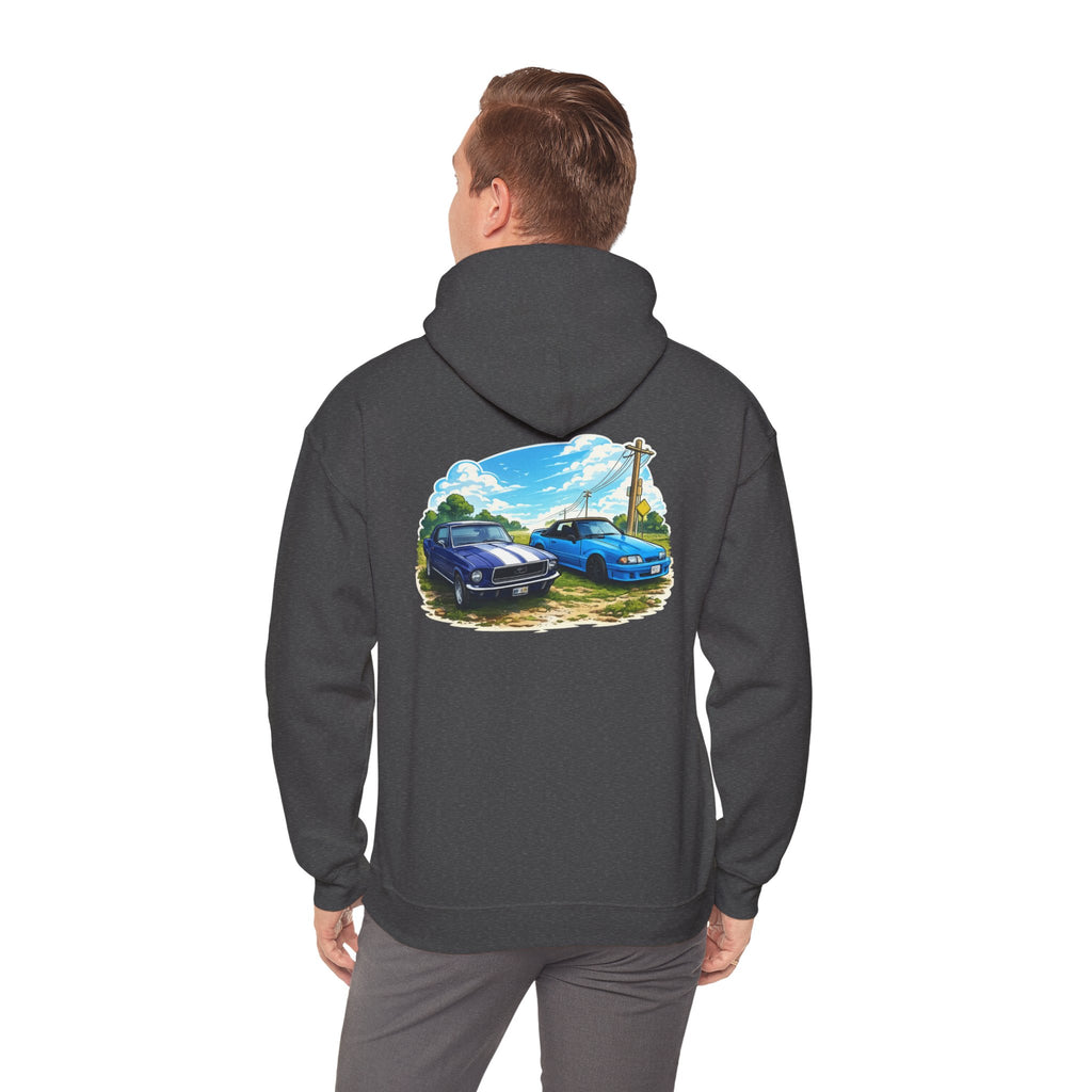 Classic Car Scene Hoodie — Vintage Two Muscle Cars Back Print