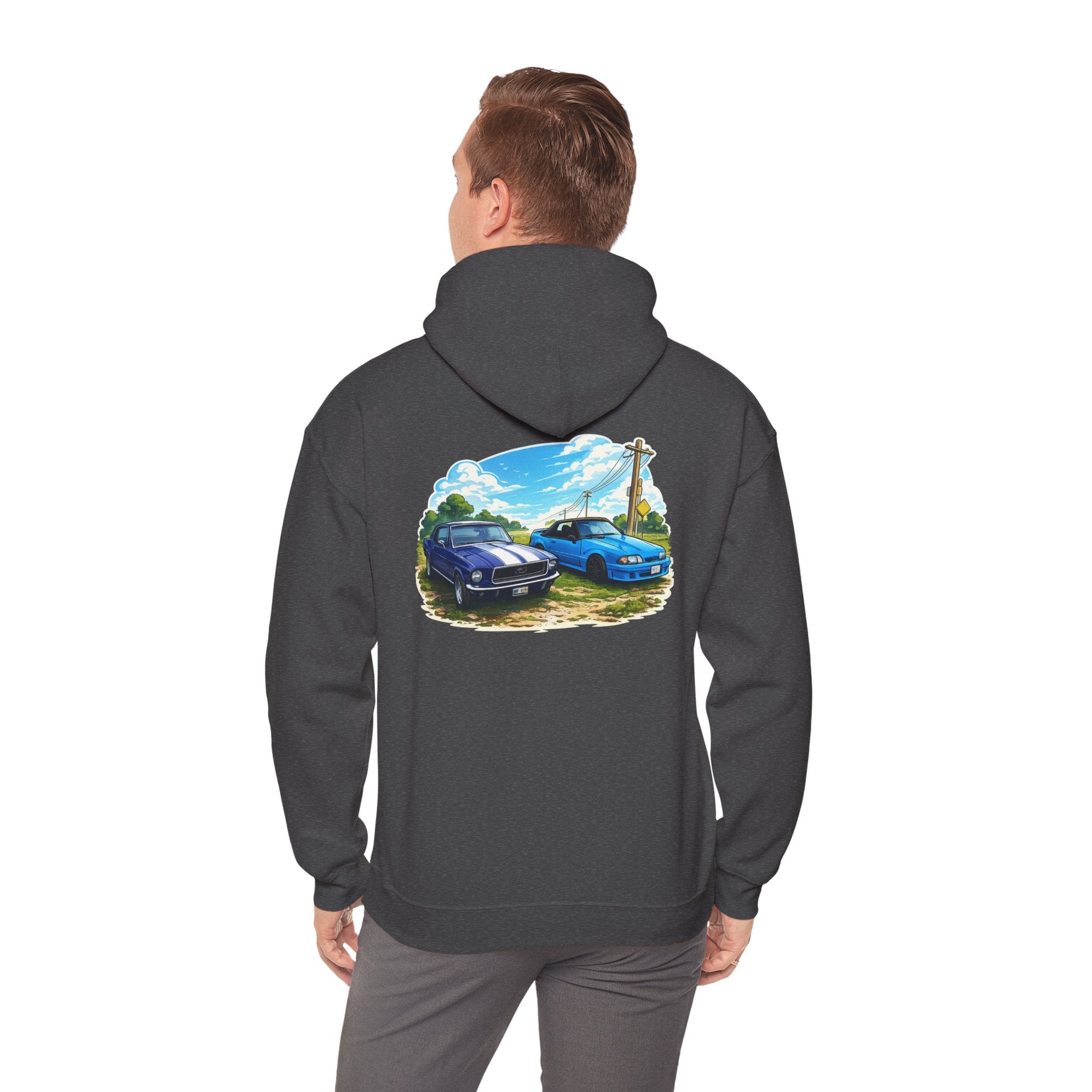 Classic Car Scene Hoodie — Vintage Two Muscle Cars Back Print