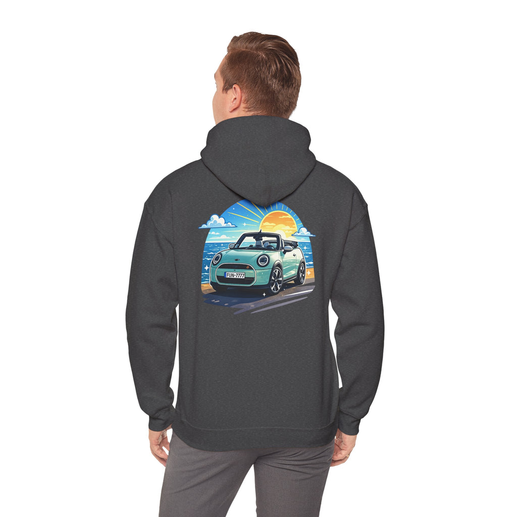 Mini Cooper Beach Sunset Hoodie — Retro Car Graphic Sweatshirt