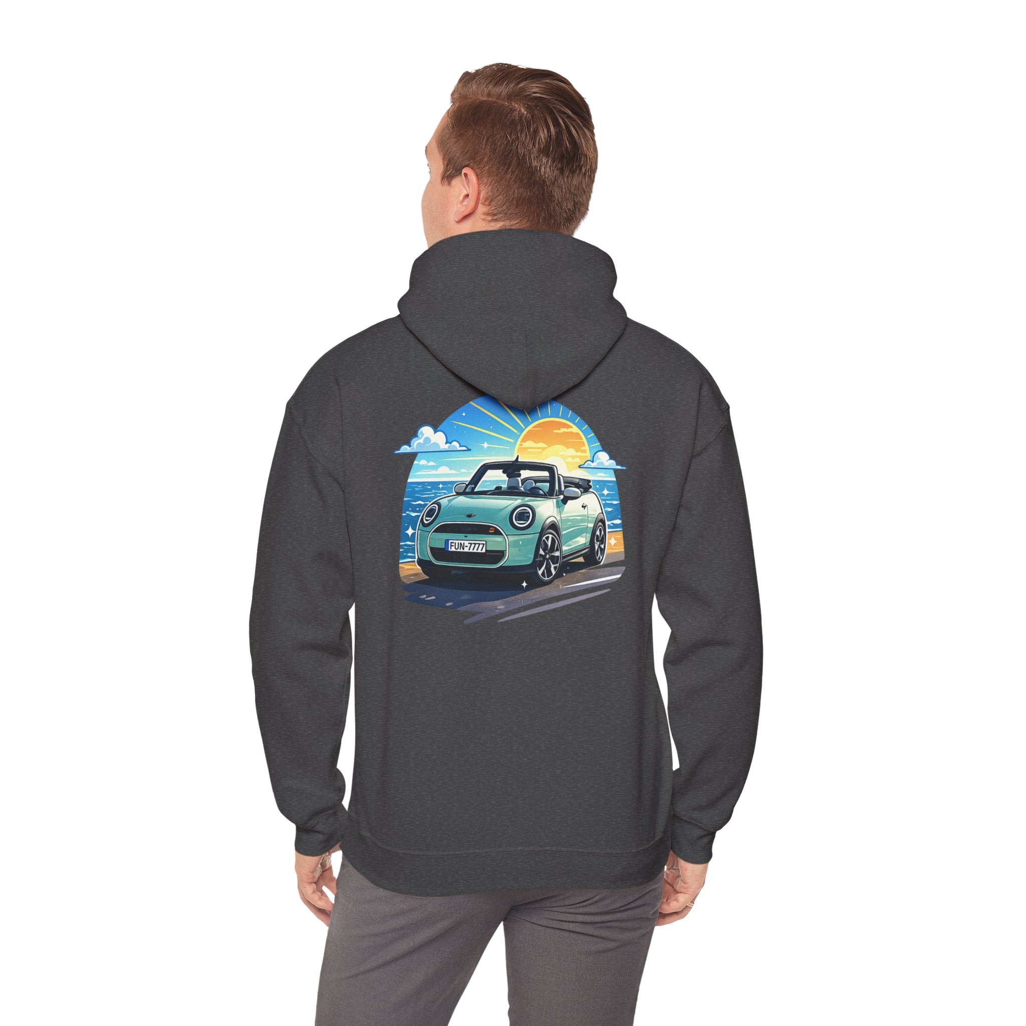 Mini Cooper Beach Sunset Hoodie — Retro Car Graphic Sweatshirt