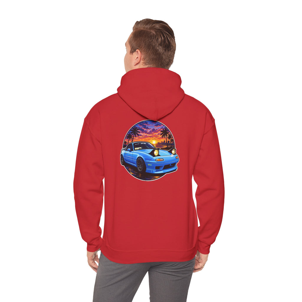 Sunset Skyline Miata Hoodie – Retro Blue Sports Car Graphic Sweatshirt