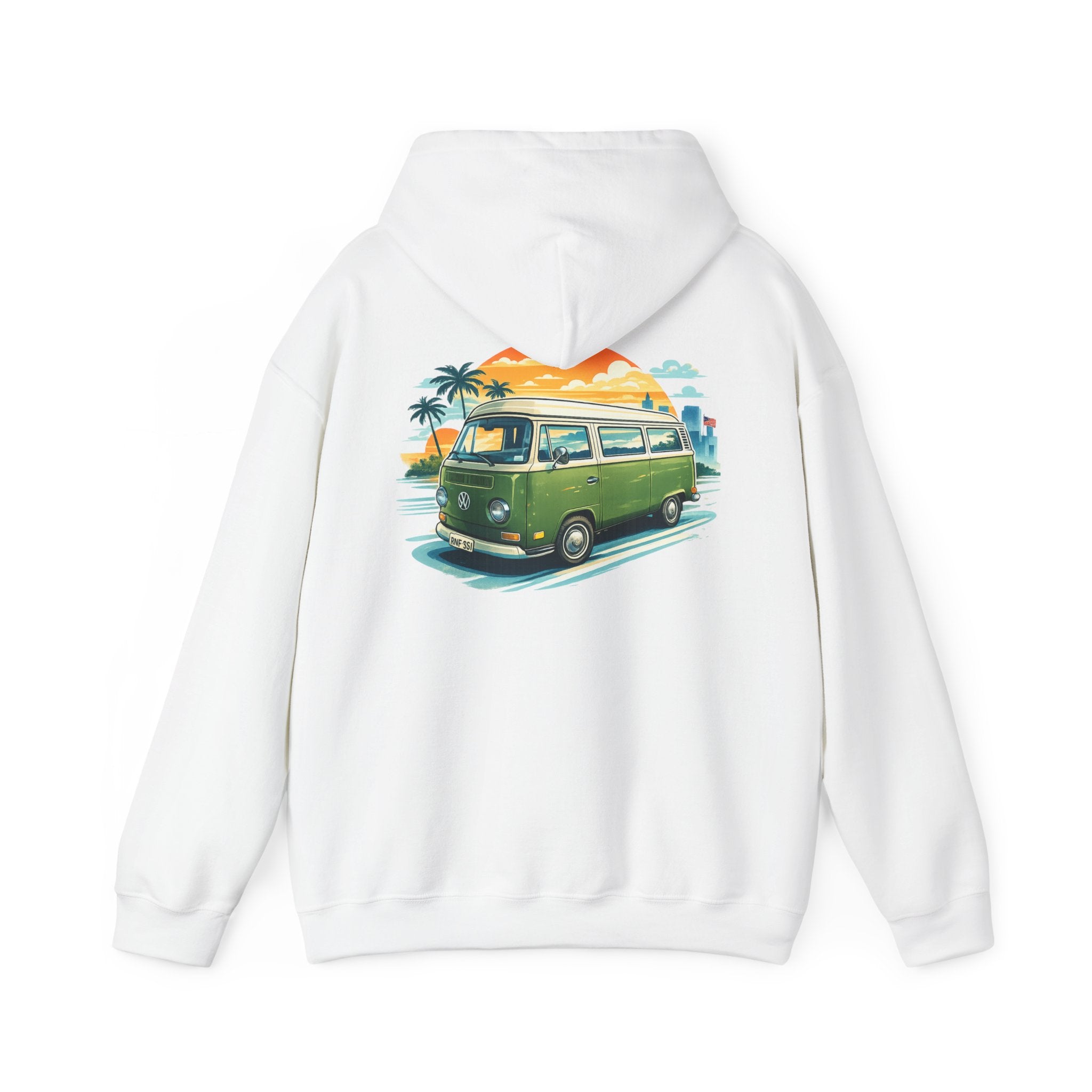 Vintage Green VW Camper Hoodie — Retro Surf Van Sunset Pullover