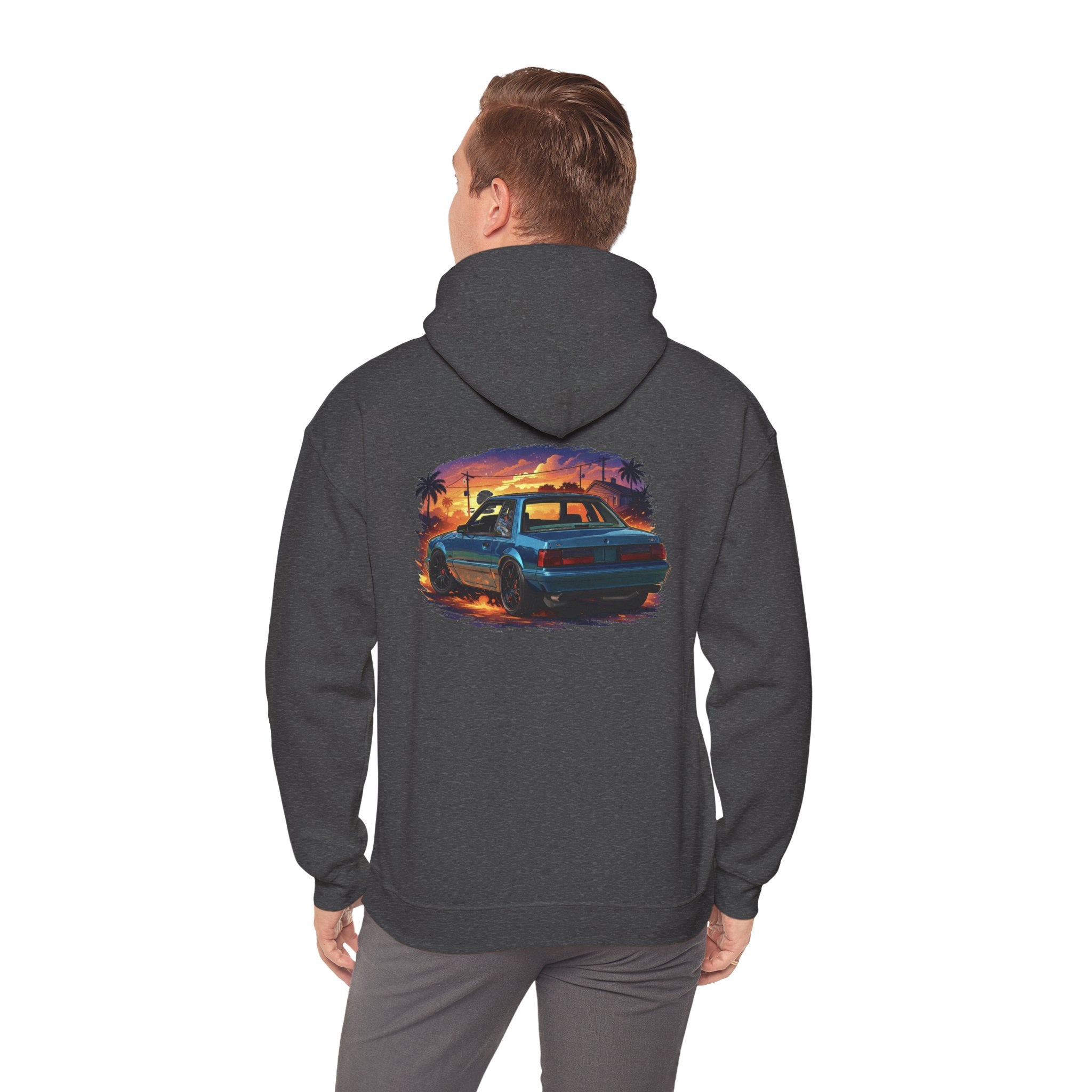 Vintage Mustang Car Hoodie — Sunset Palm Beach Classic Cruiser Sweatshirt
