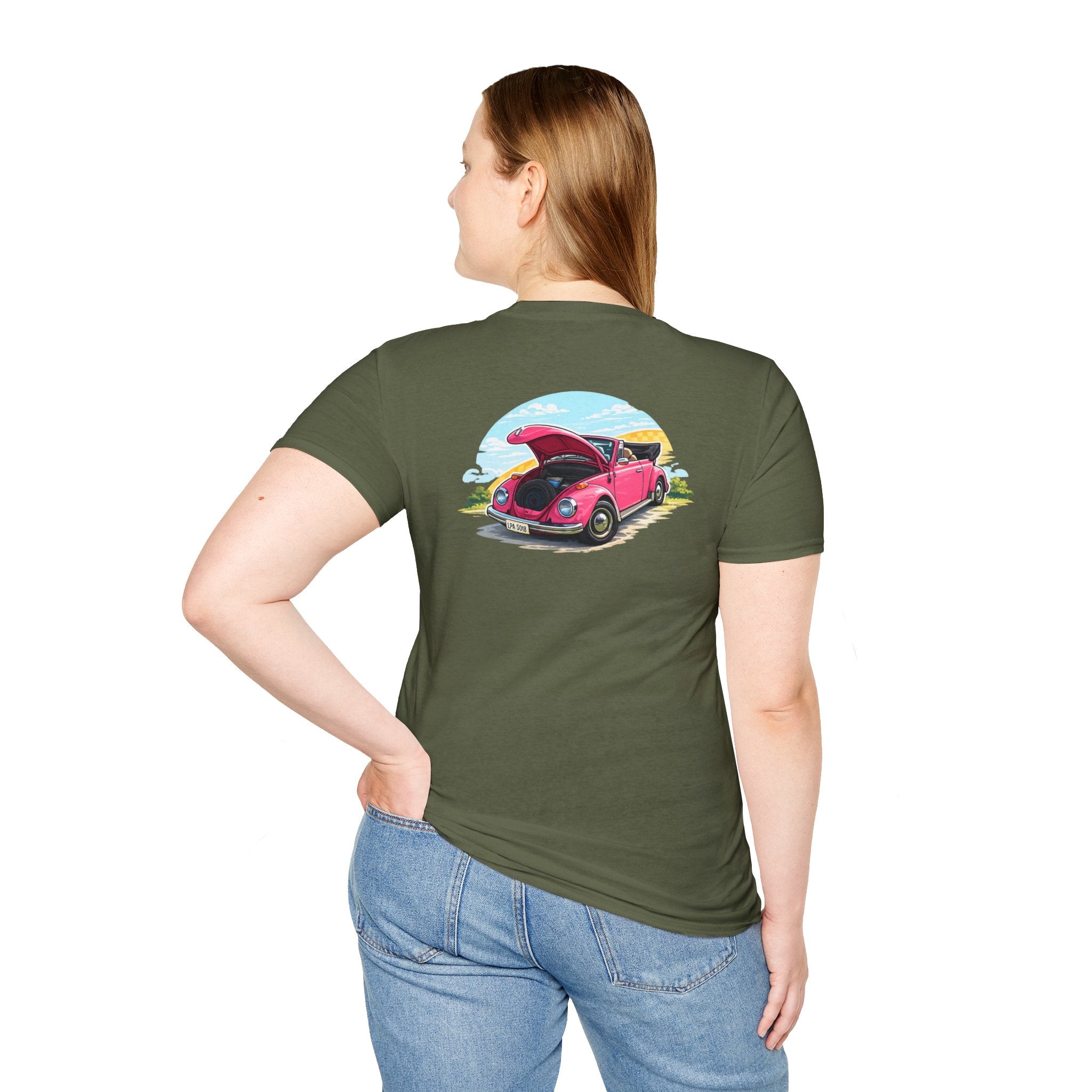 Classic Pink Beetle T‑Shirt — Vintage VW Car Illustration