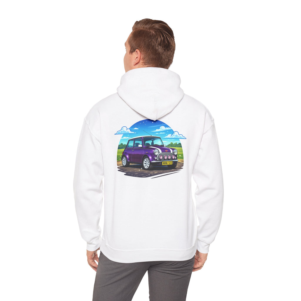 Classic Mini Cooper Hoodie — Retro Purple Car Graphic Pullover