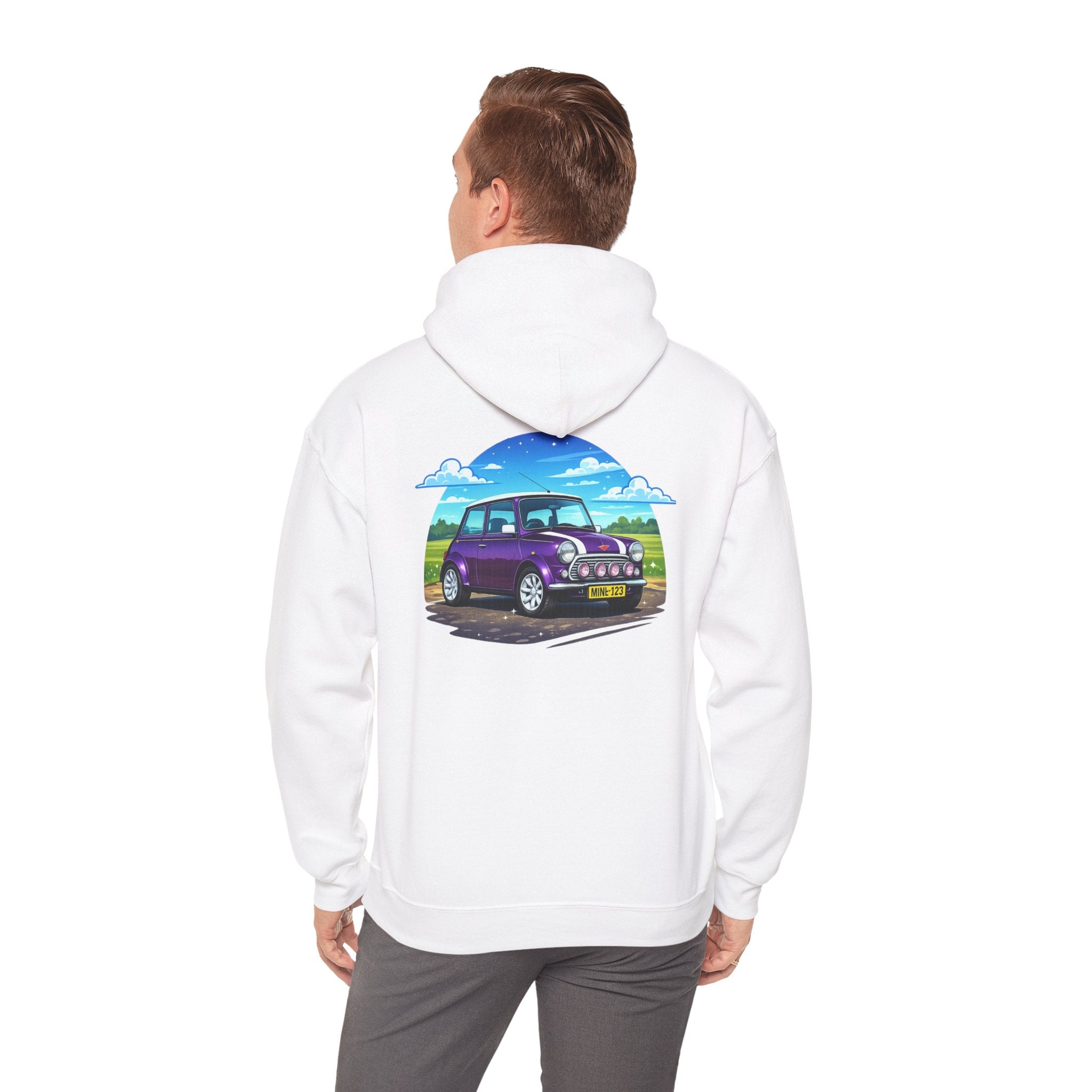 Classic Mini Cooper Hoodie — Retro Purple Car Graphic Pullover