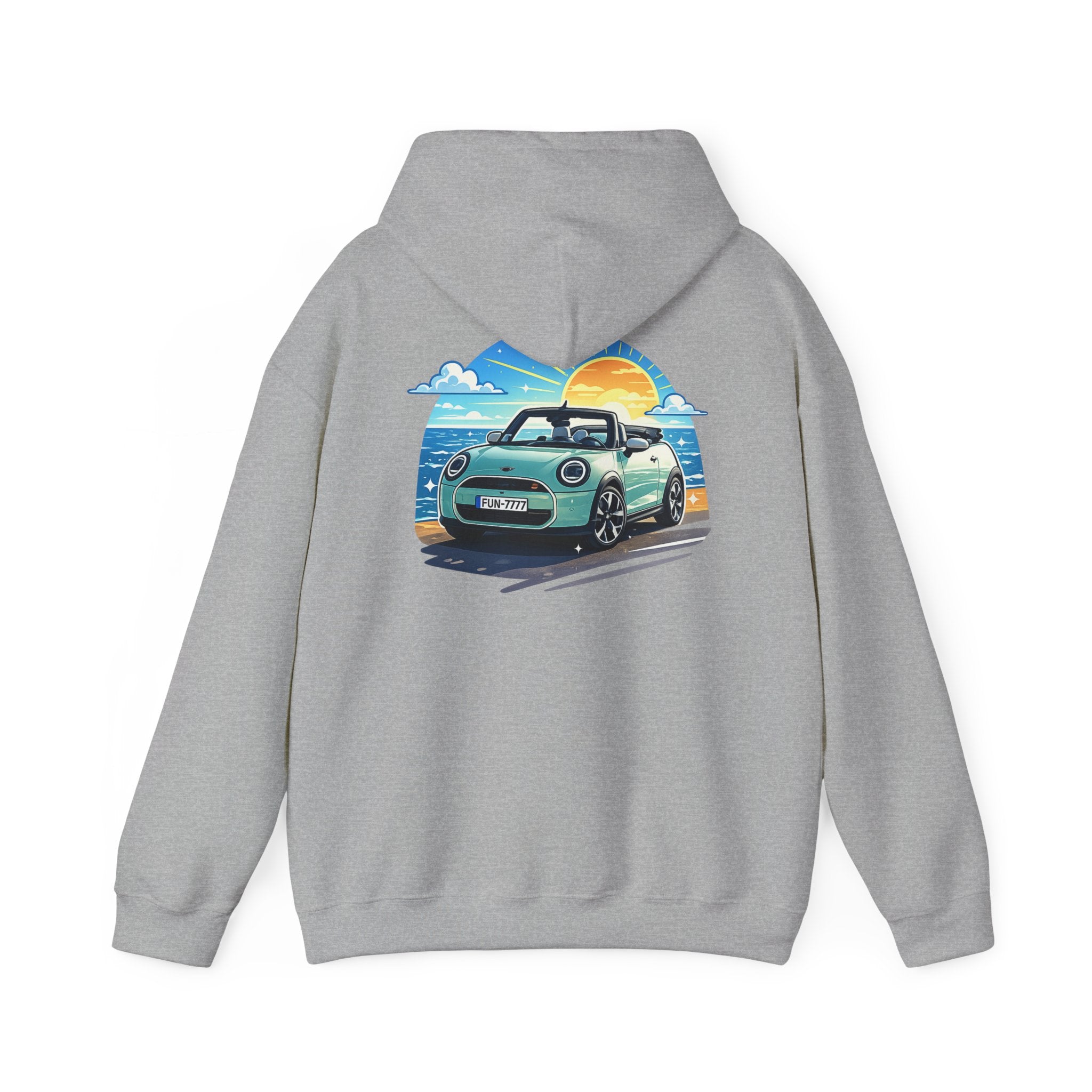 Mini Cooper Beach Sunset Hoodie — Retro Car Graphic Sweatshirt