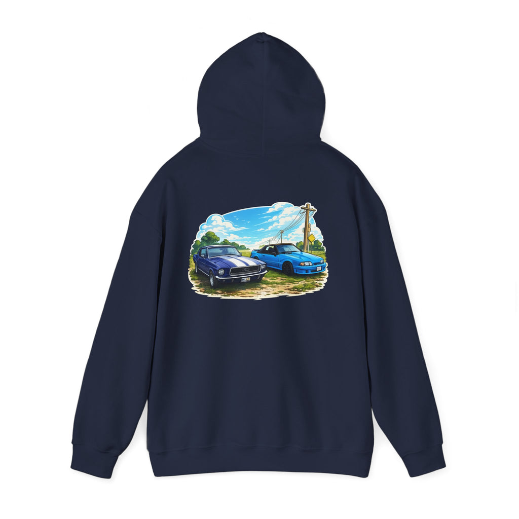 Classic Car Scene Hoodie — Vintage Two Muscle Cars Back Print