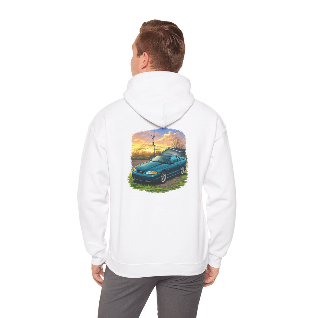 Sunset teal Mustang Hoodie — Vintage Car Sunset Graphic Hooded Sweatshirt
