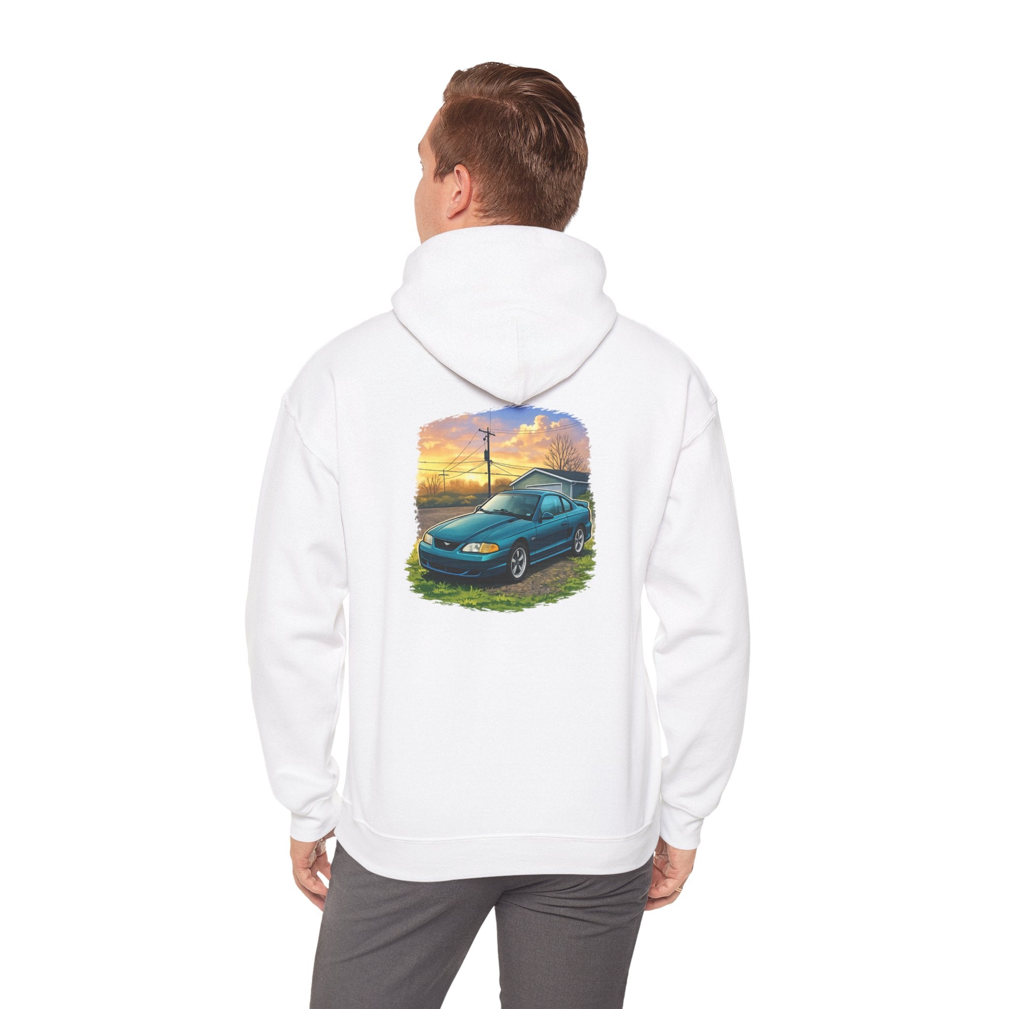 Sunset teal Mustang Hoodie — Vintage Car Sunset Graphic Hooded Sweatshirt