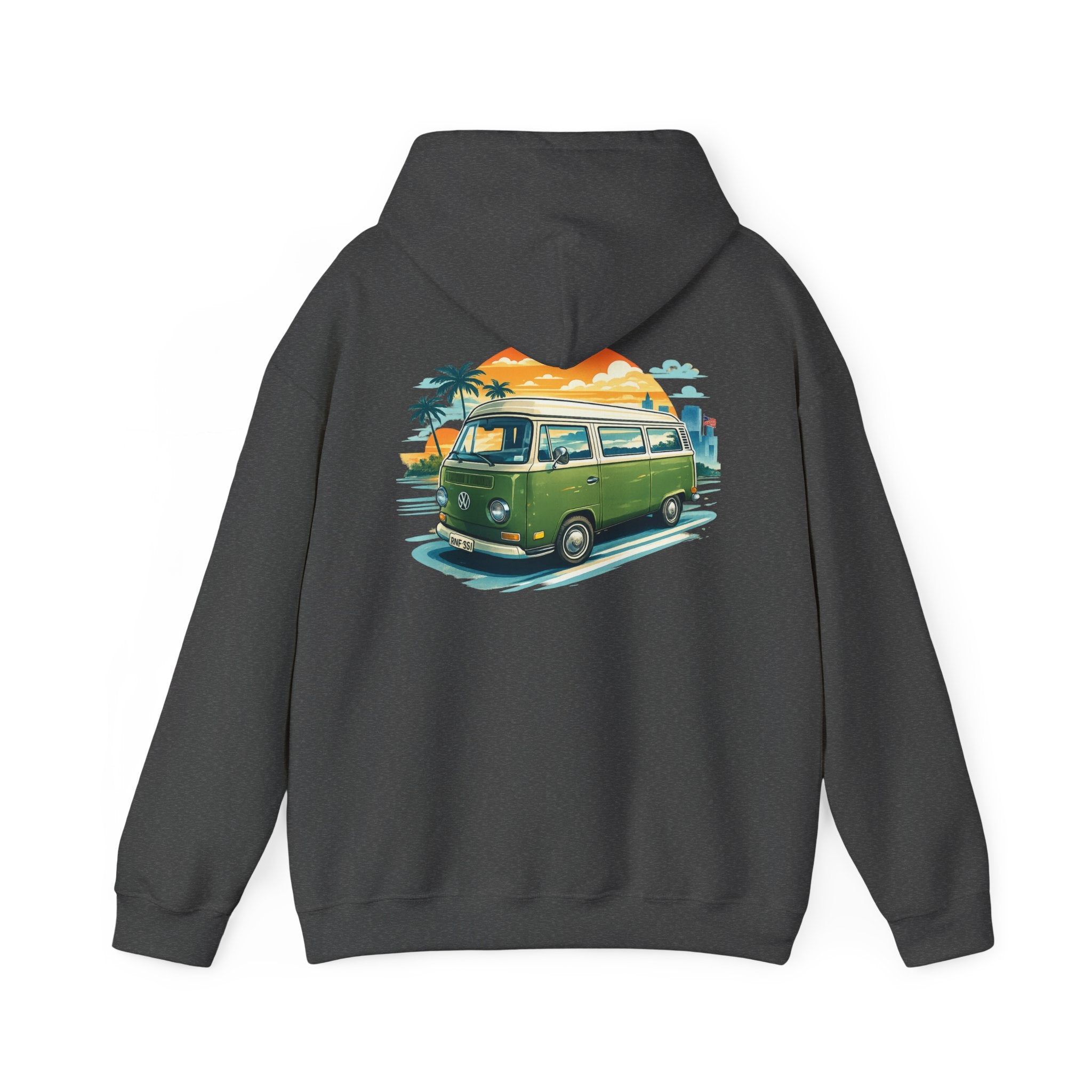 Vintage Green VW Camper Hoodie — Retro Surf Van Sunset Pullover