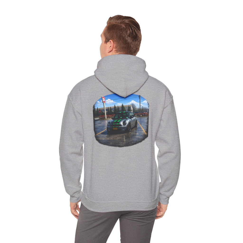 Car Enthusiast Hoodie — Mini Cooper Rainy Parking Print