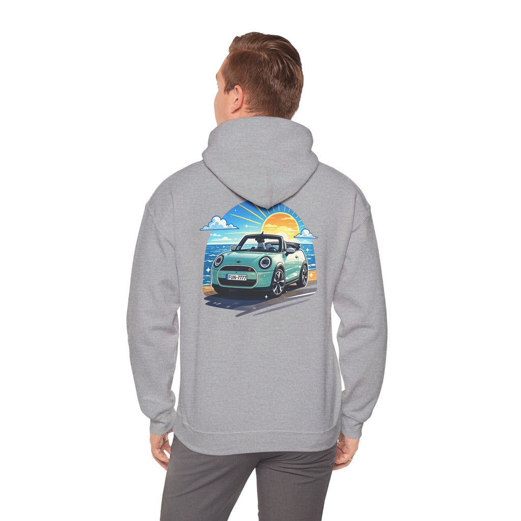 Mini Cooper Beach Sunset Hoodie — Retro Car Graphic Sweatshirt
