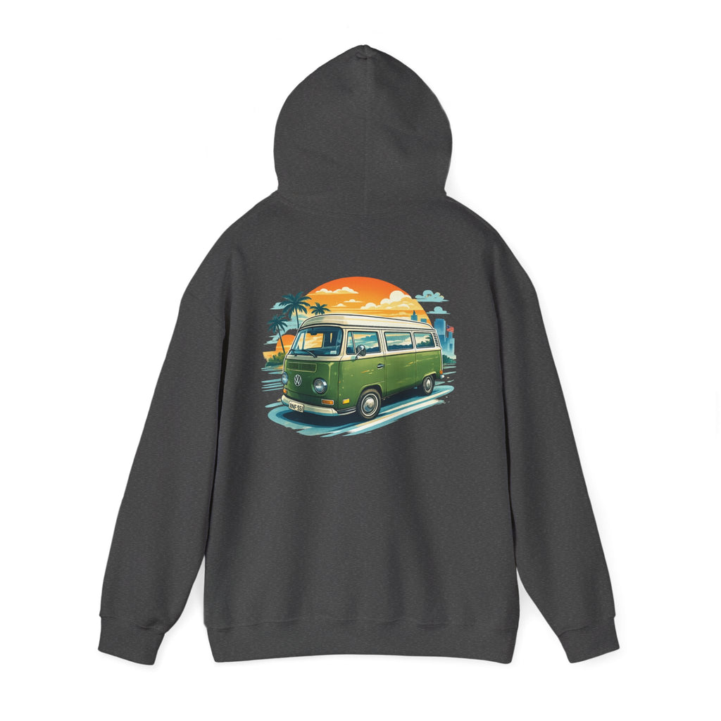 Vintage Green VW Camper Hoodie — Retro Surf Van Sunset Pullover
