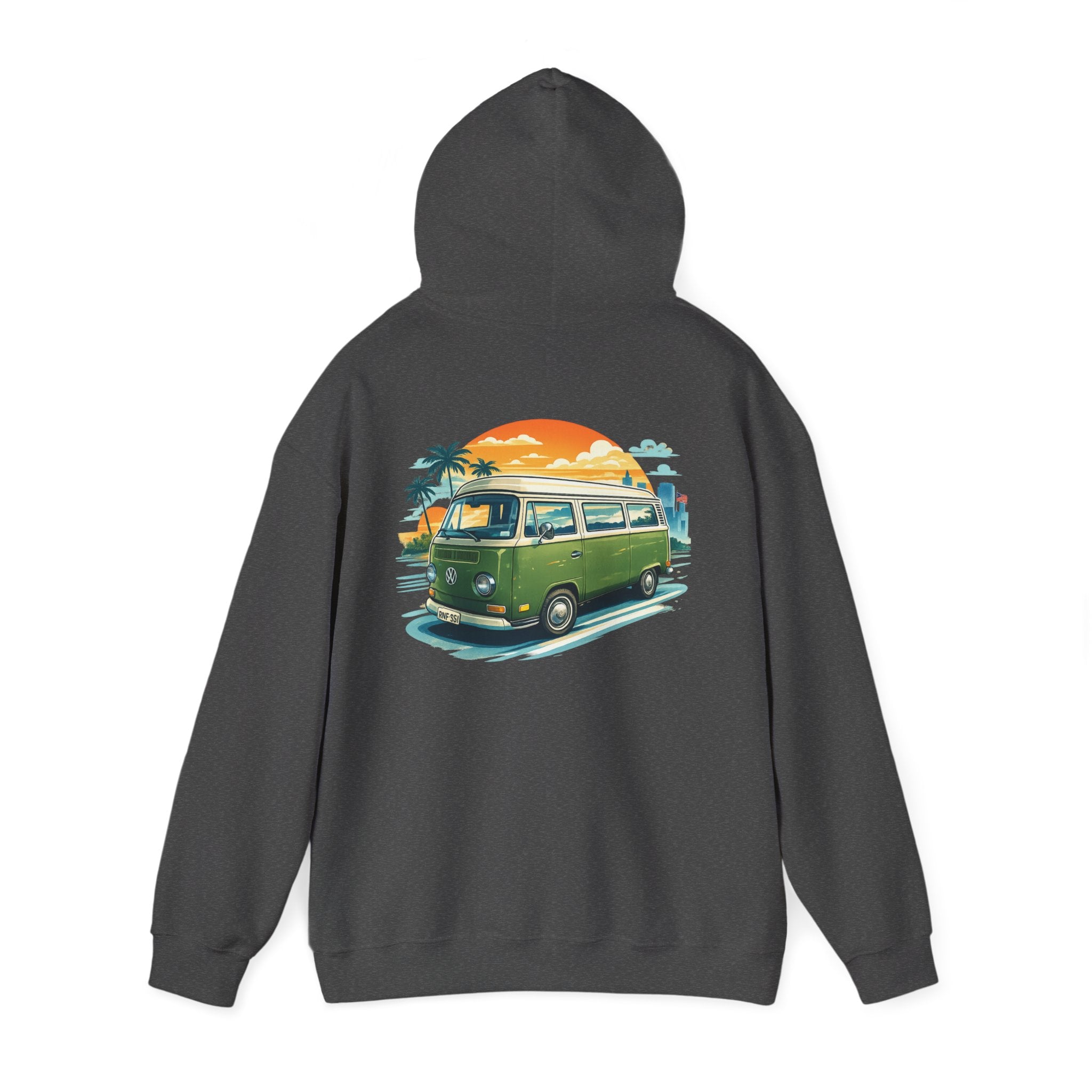Vintage Green VW Camper Hoodie — Retro Surf Van Sunset Pullover