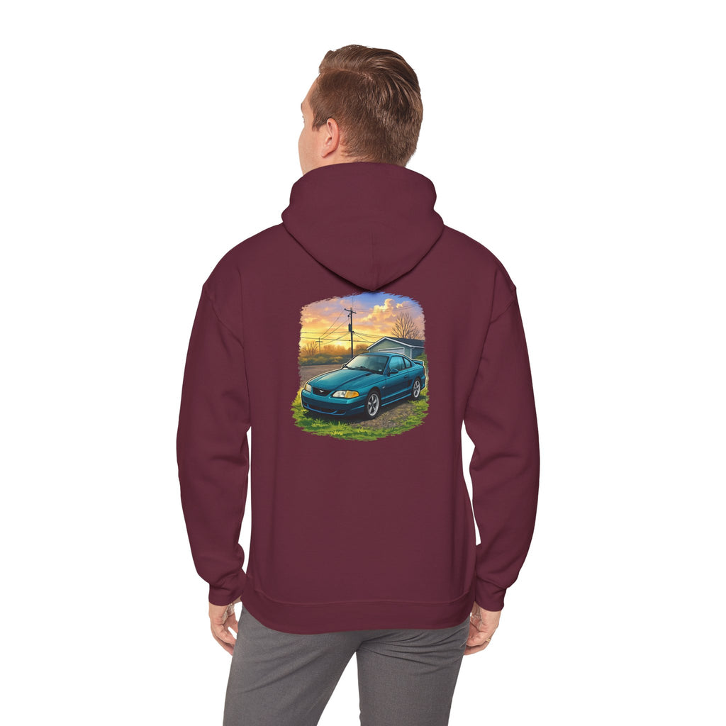 Sunset teal Mustang Hoodie — Vintage Car Sunset Graphic Hooded Sweatshirt