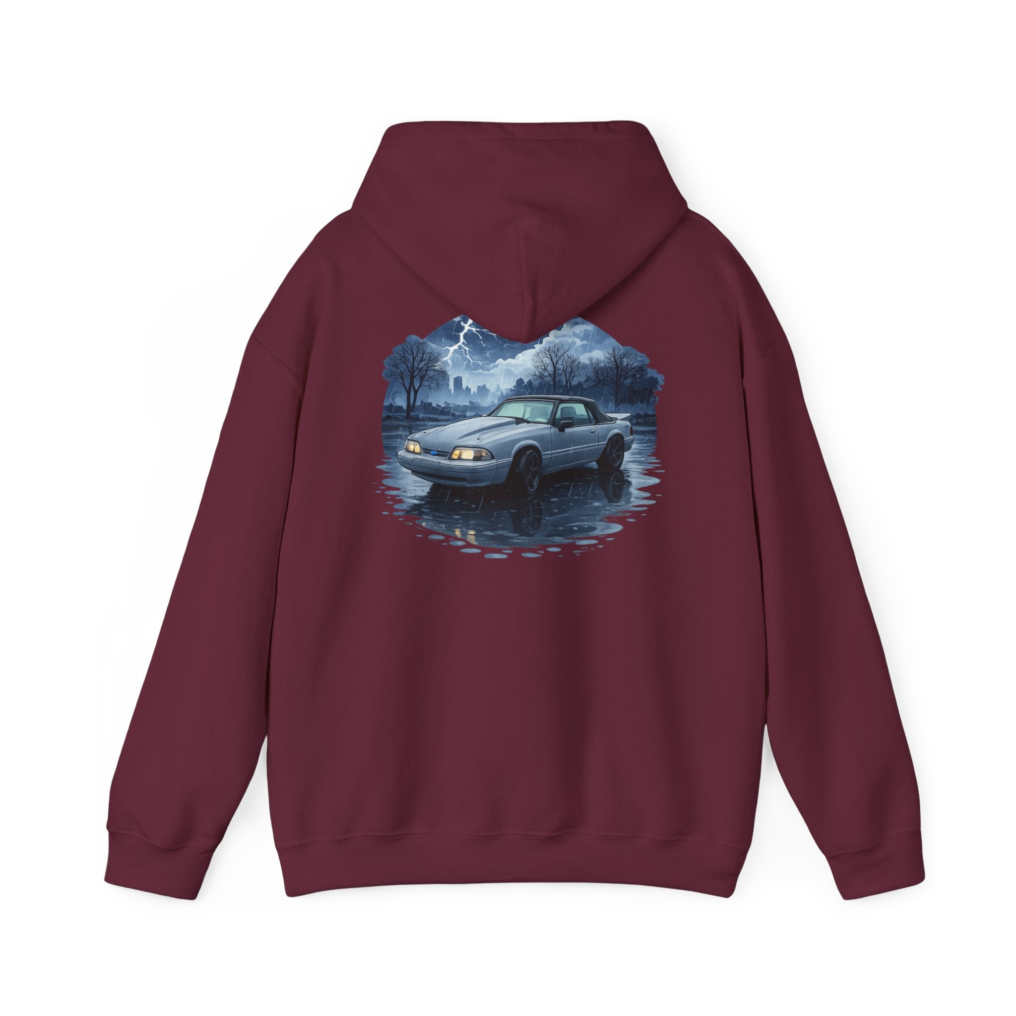 Hoodie - Retro Night Drive Mustang Hoodie (Vintage Car, Moonlit Lakeside Scene)