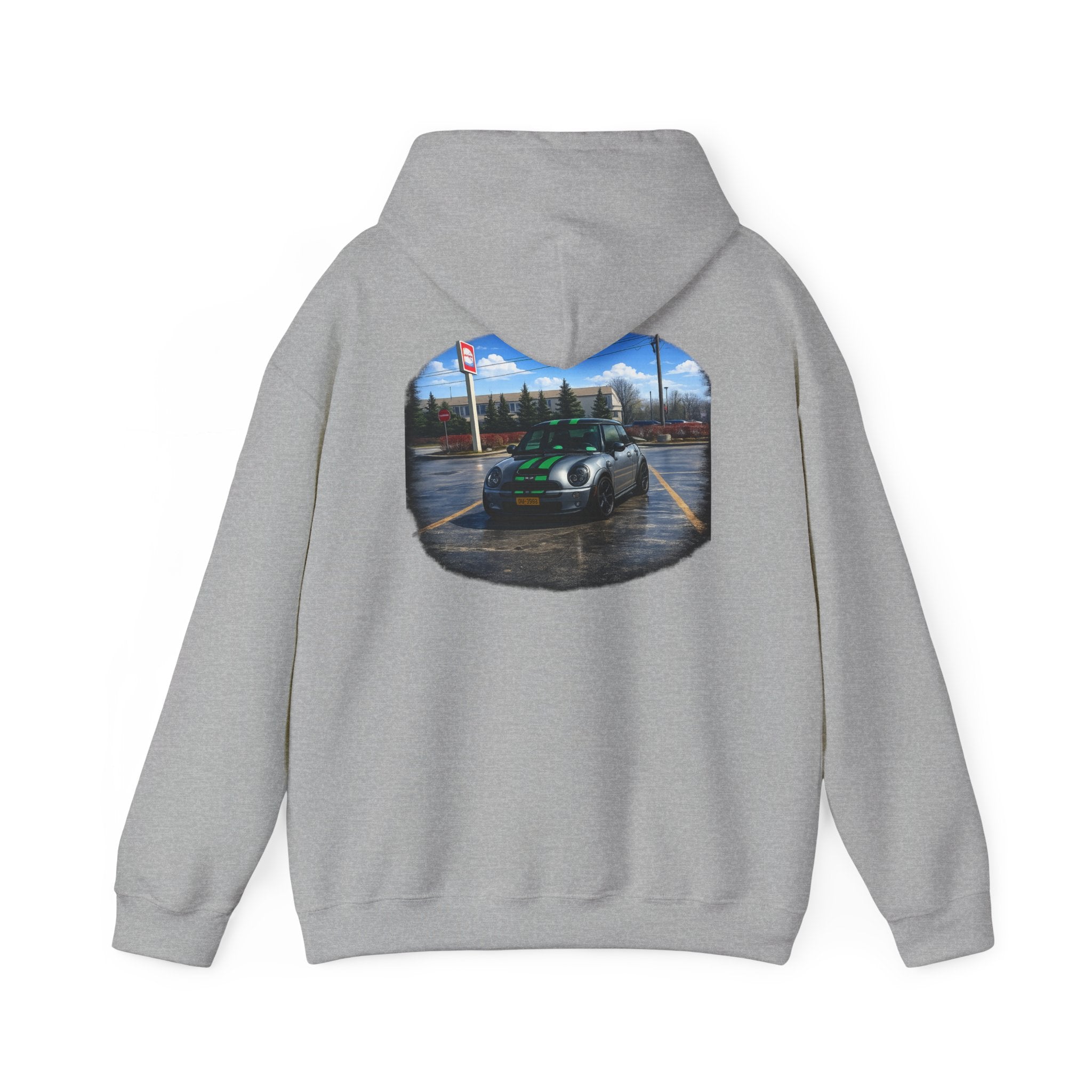 Car Enthusiast Hoodie — Mini Cooper Rainy Parking Print