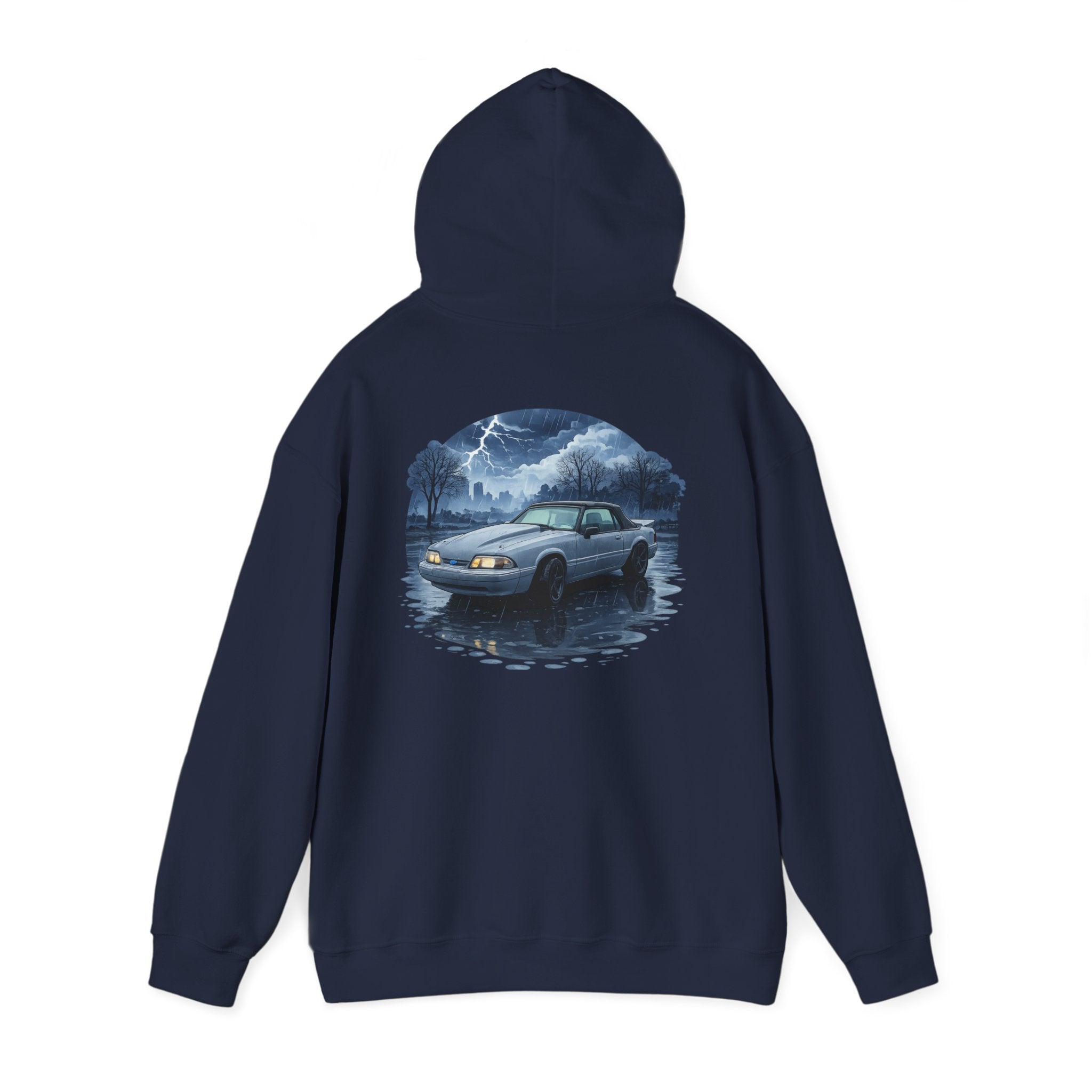 Hoodie - Retro Night Drive Mustang Hoodie (Vintage Car, Moonlit Lakeside Scene)