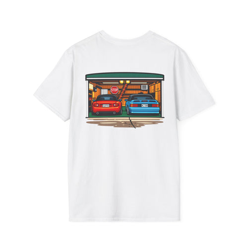 Classic Car Garage T-Shirt — Retro Twin Sports Cars Backprint
