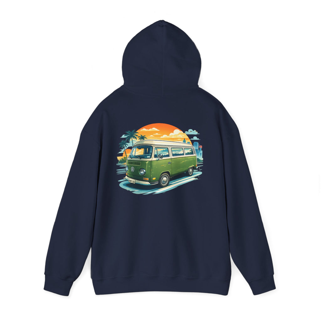 Vintage Green VW Camper Hoodie — Retro Surf Van Sunset Pullover