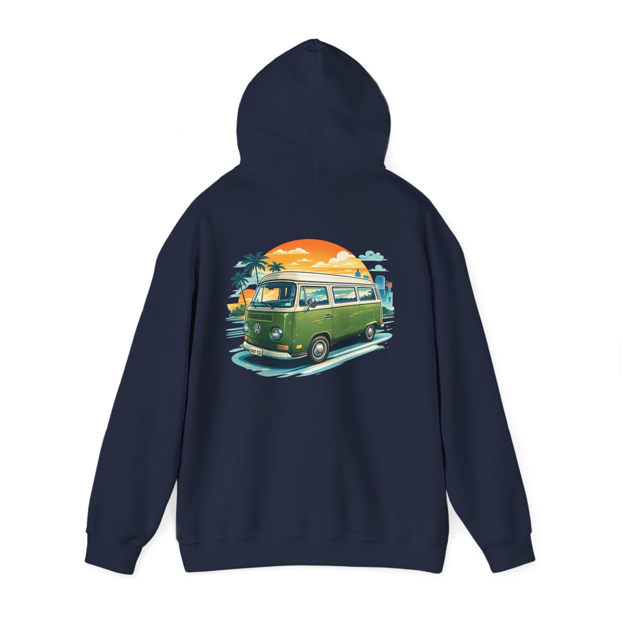 Vintage Green VW Camper Hoodie — Retro Surf Van Sunset Pullover