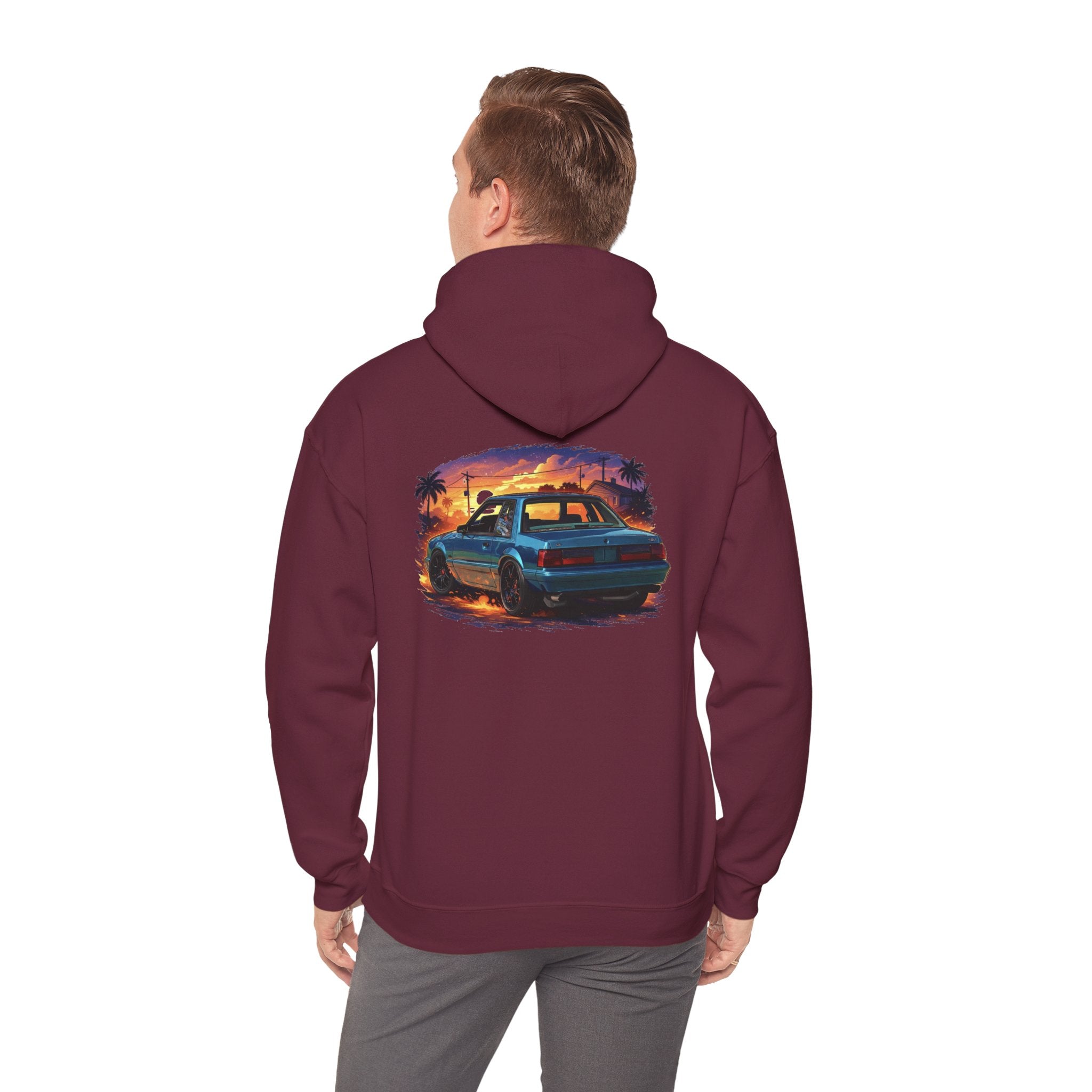 Vintage Mustang Car Hoodie — Sunset Palm Beach Classic Cruiser Sweatshirt