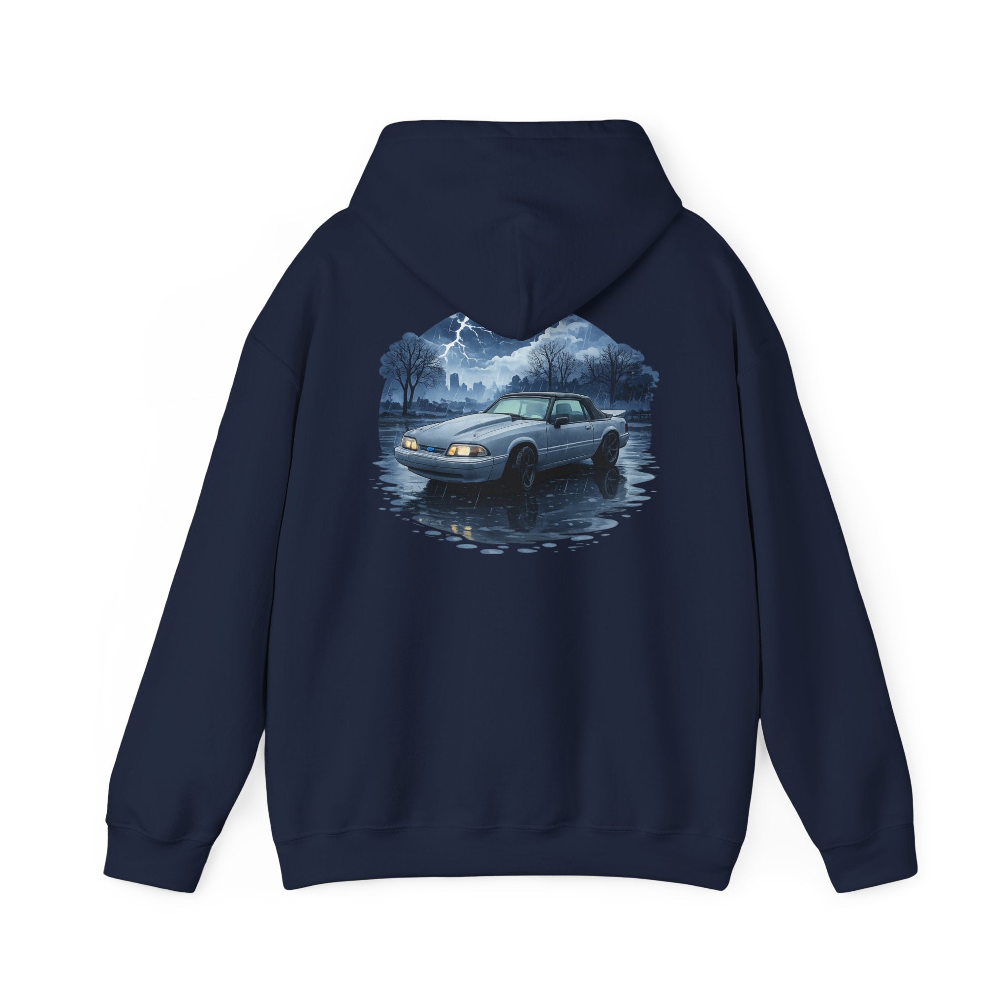 Hoodie - Retro Night Drive Mustang Hoodie (Vintage Car, Moonlit Lakeside Scene)