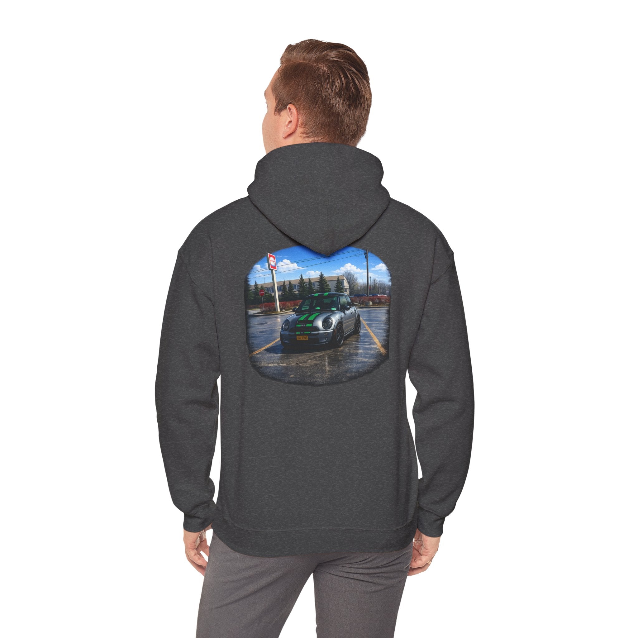 Car Enthusiast Hoodie — Mini Cooper Rainy Parking Print