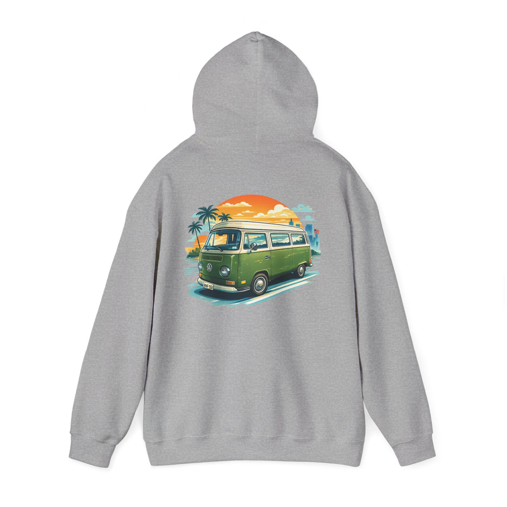 Vintage Green VW Camper Hoodie — Retro Surf Van Sunset Pullover