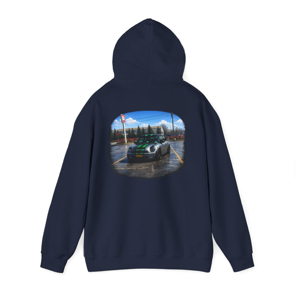 Car Enthusiast Hoodie — Mini Cooper Rainy Parking Print
