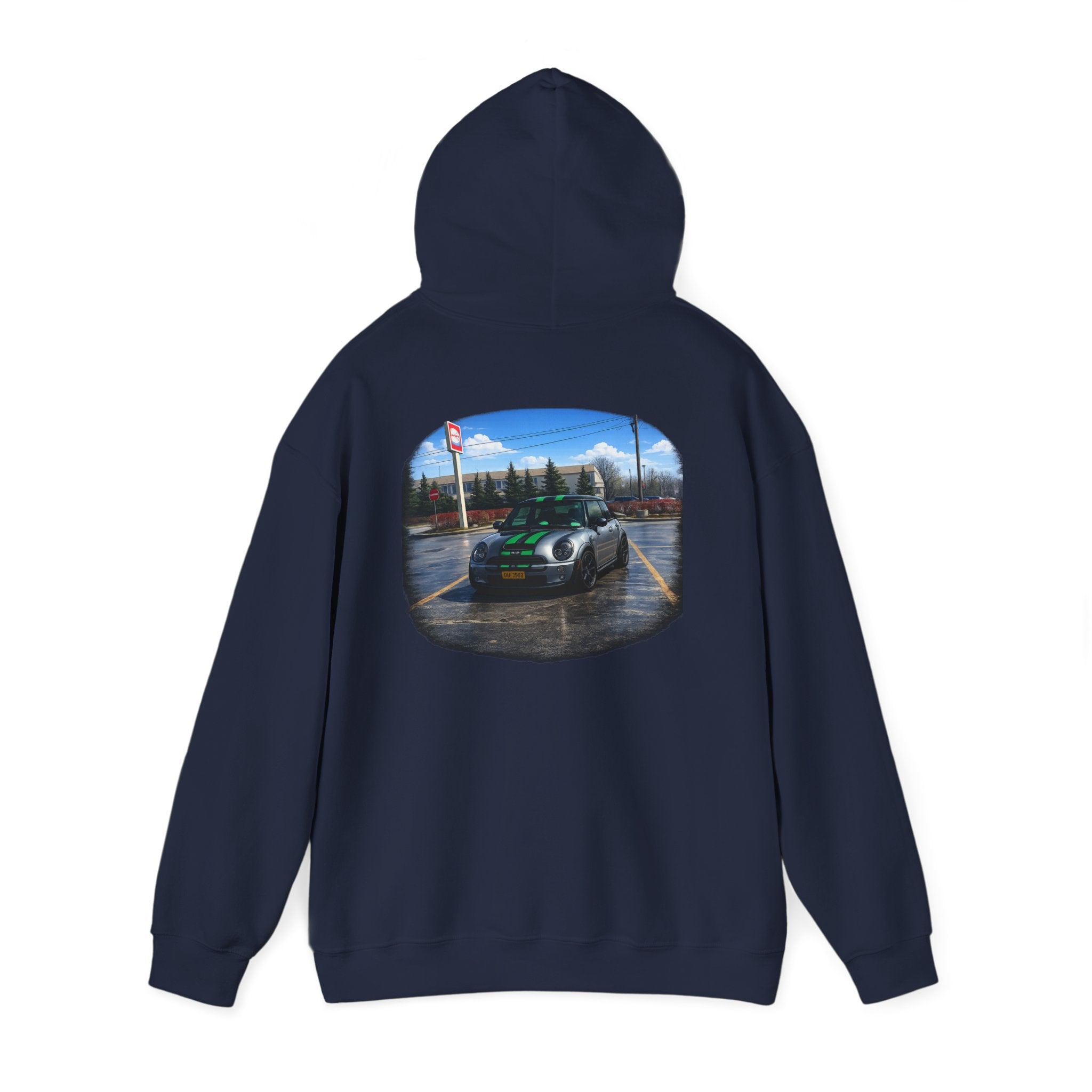 Car Enthusiast Hoodie — Mini Cooper Rainy Parking Print