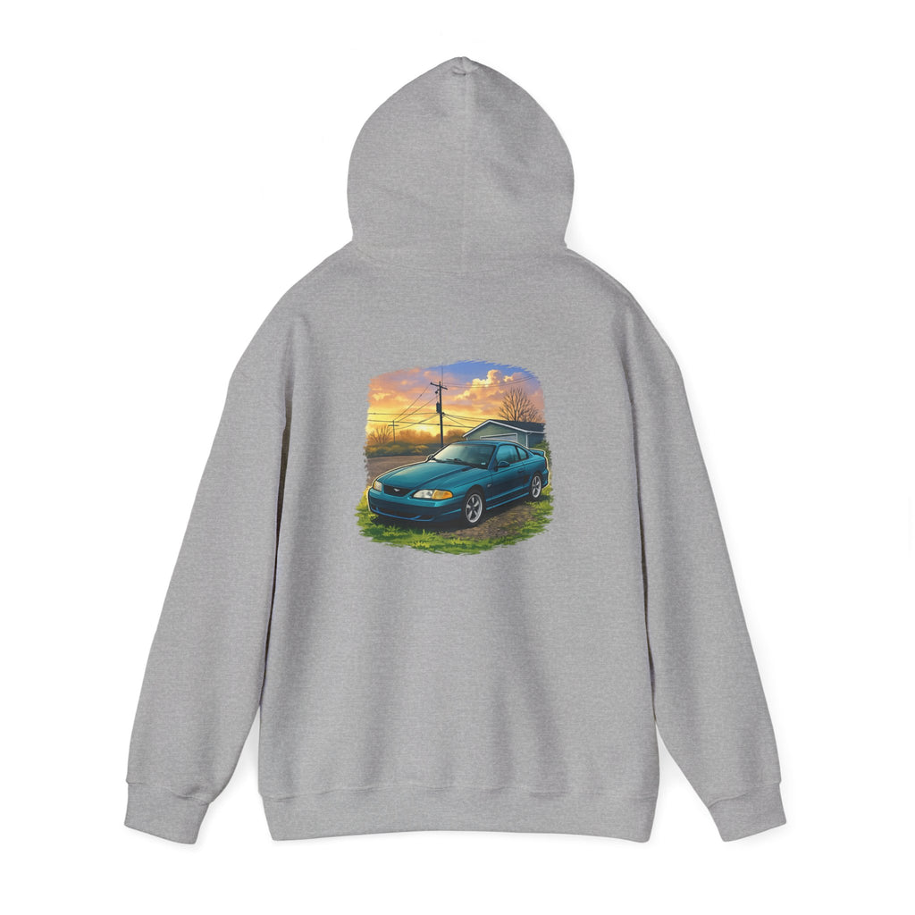 Sunset teal Mustang Hoodie — Vintage Car Sunset Graphic Hooded Sweatshirt