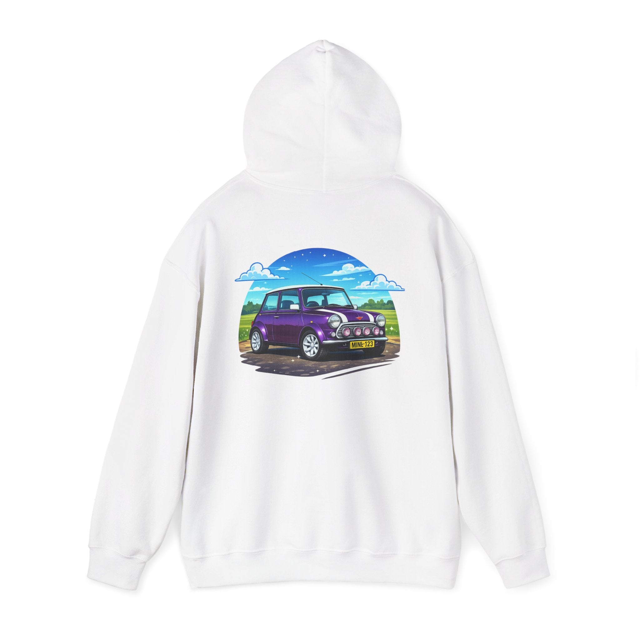 Classic Mini Cooper Hoodie — Retro Purple Car Graphic Pullover