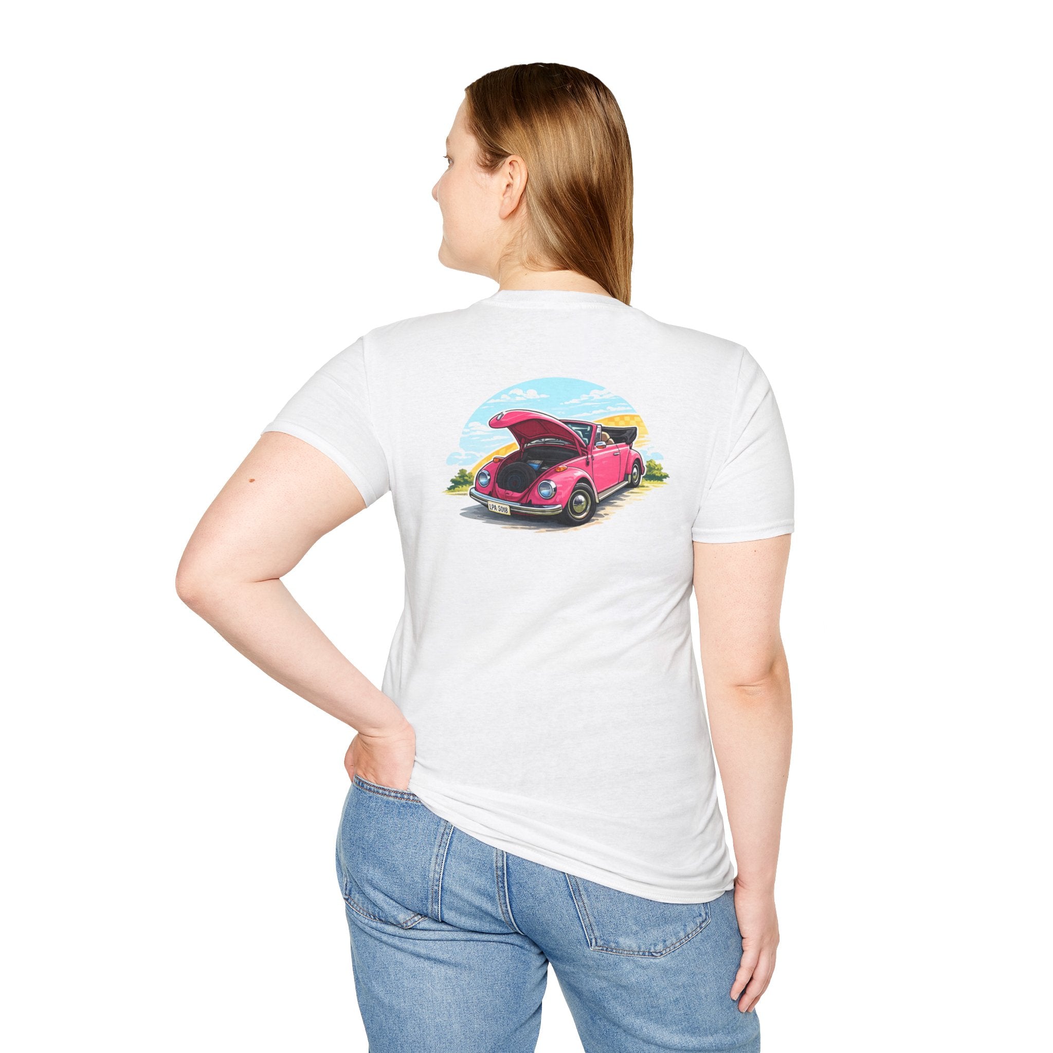 Classic Pink Beetle T‑Shirt — Vintage VW Car Illustration