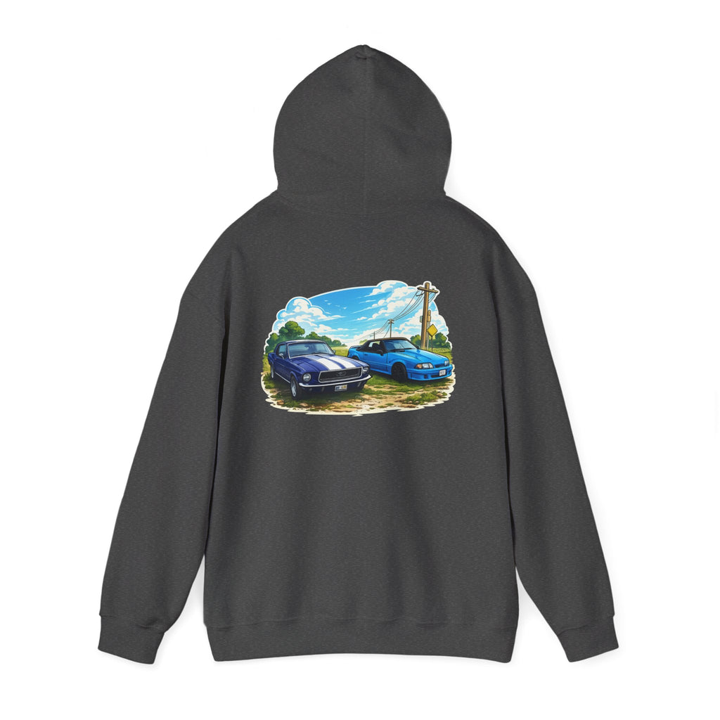Classic Car Scene Hoodie — Vintage Two Muscle Cars Back Print