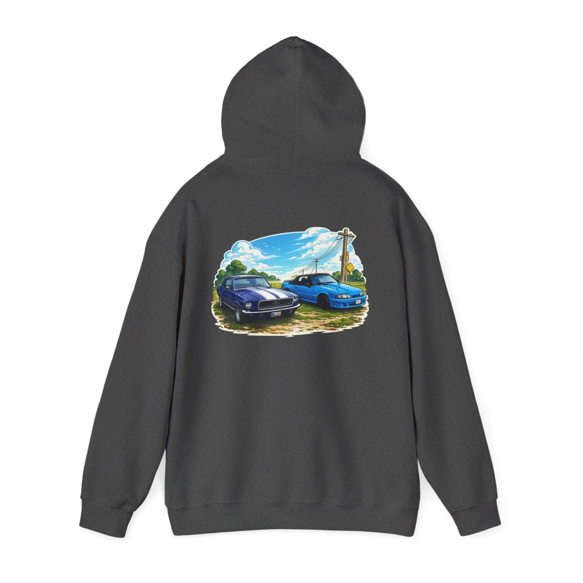 Classic Car Scene Hoodie — Vintage Two Muscle Cars Back Print