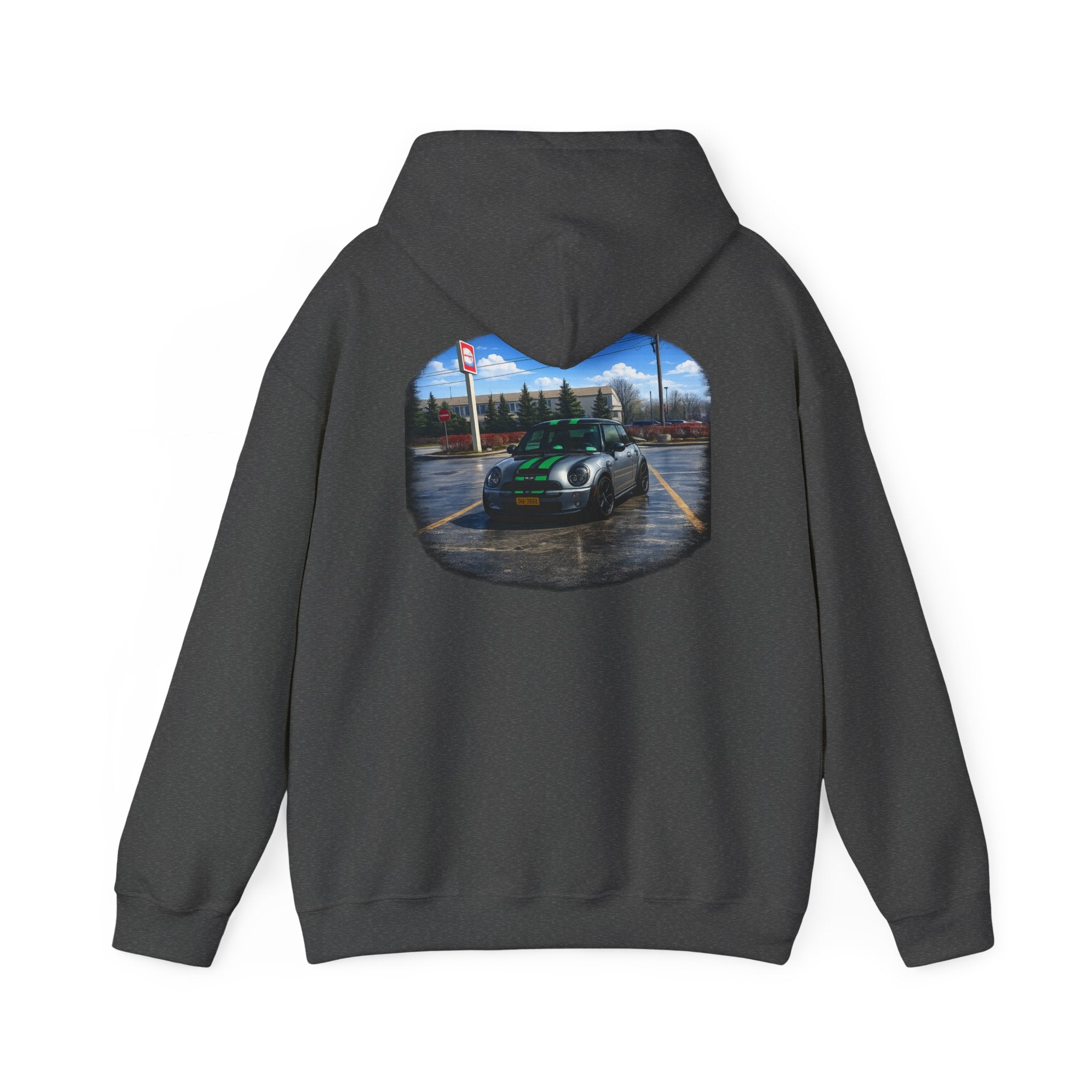 Car Enthusiast Hoodie — Mini Cooper Rainy Parking Print