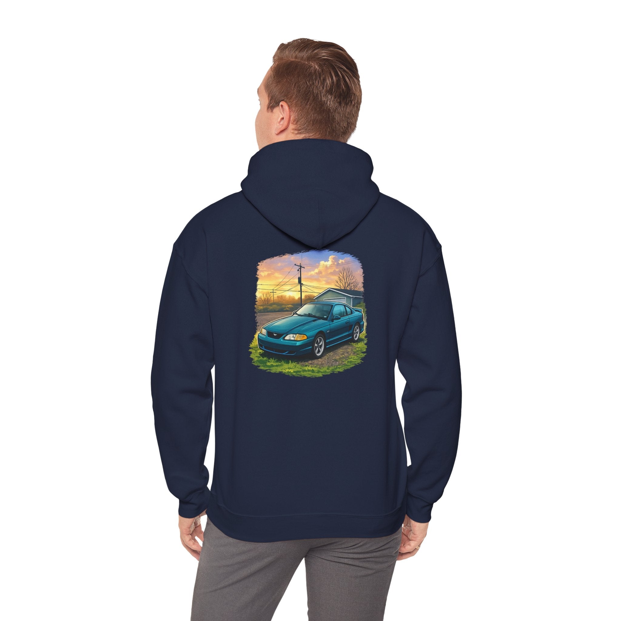 Sunset teal Mustang Hoodie — Vintage Car Sunset Graphic Hooded Sweatshirt