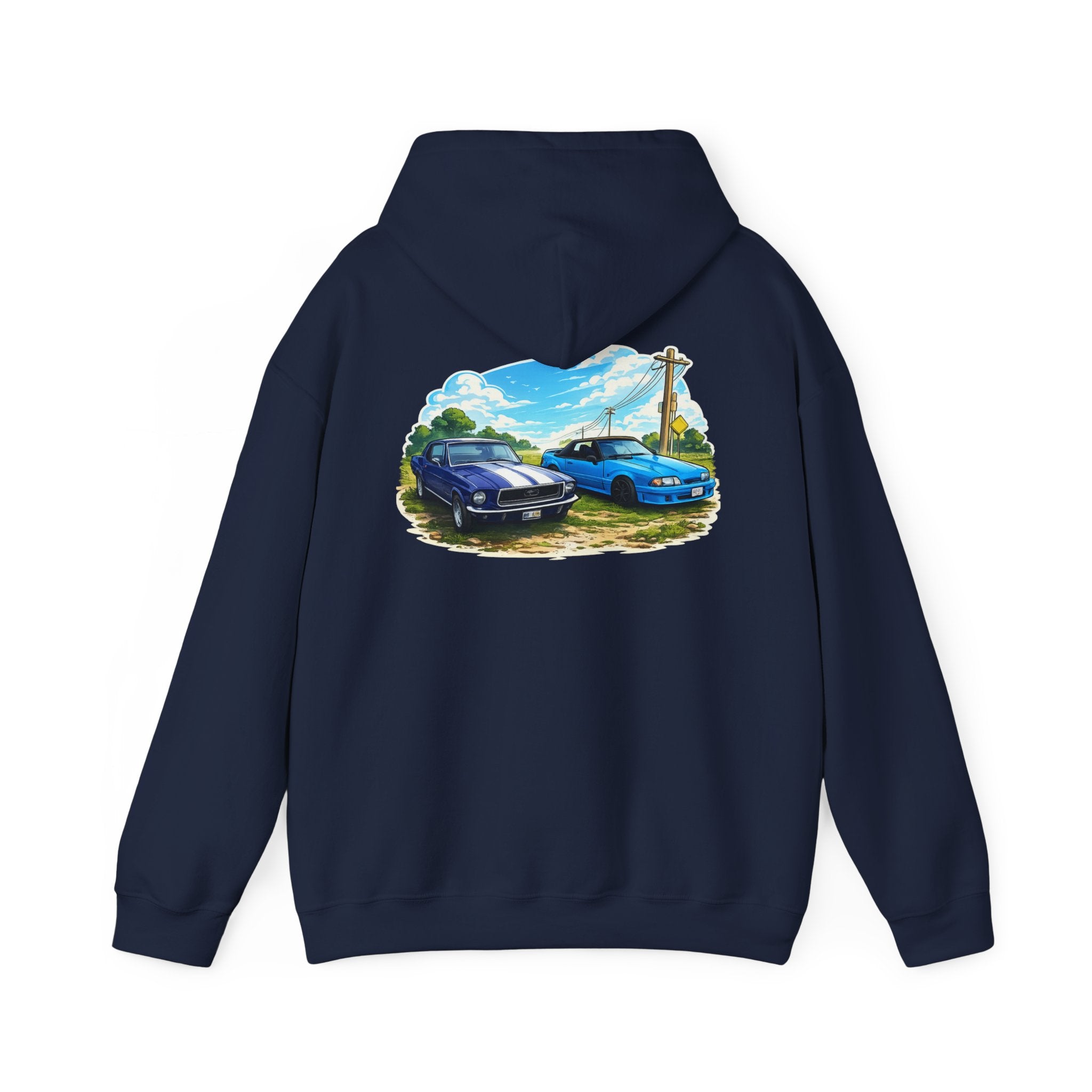 Classic Car Scene Hoodie — Vintage Two Muscle Cars Back Print