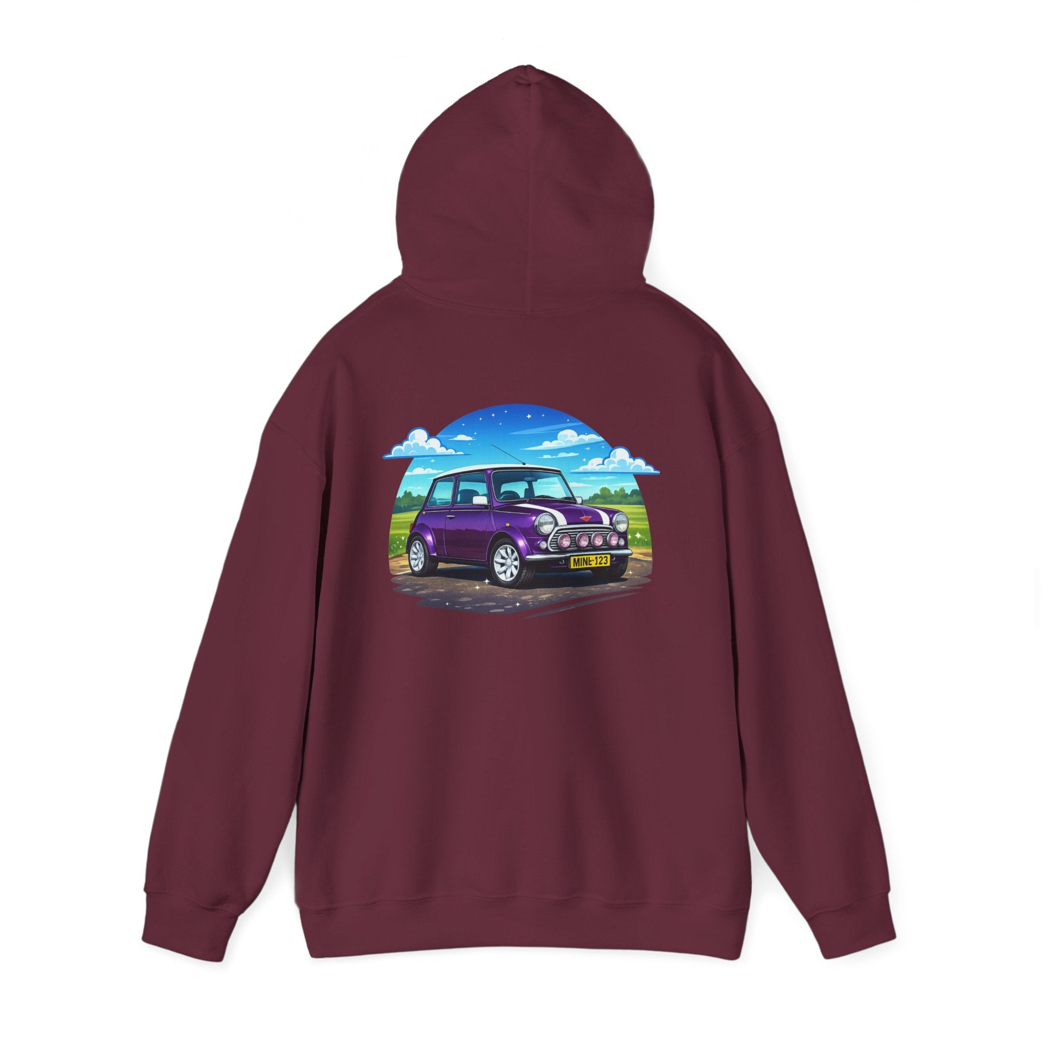 Classic Mini Cooper Hoodie — Retro Purple Car Graphic Pullover
